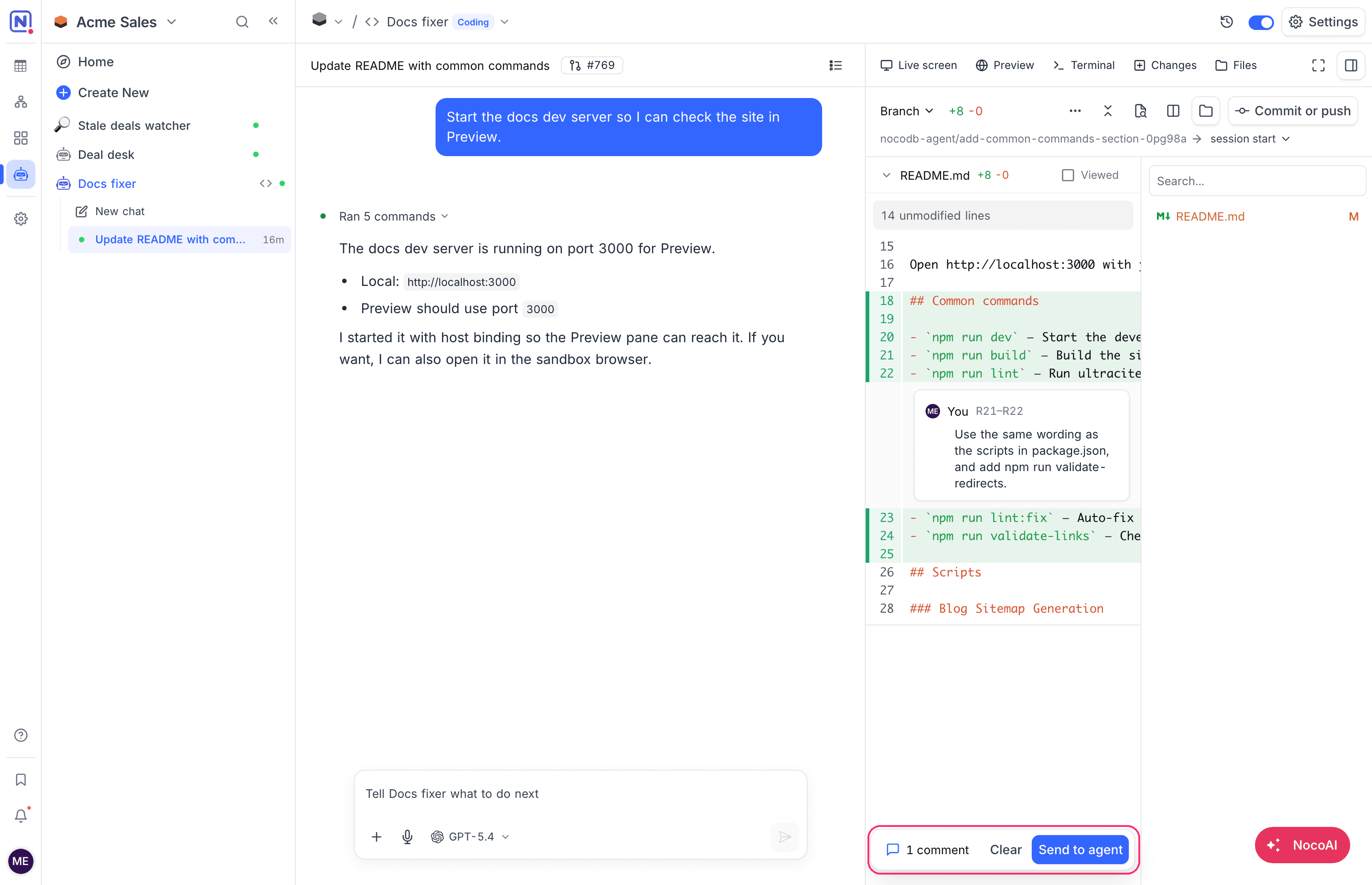 The Changes pane of a coding session with a comment on lines R21 to R22 and the review bar with Send to agent