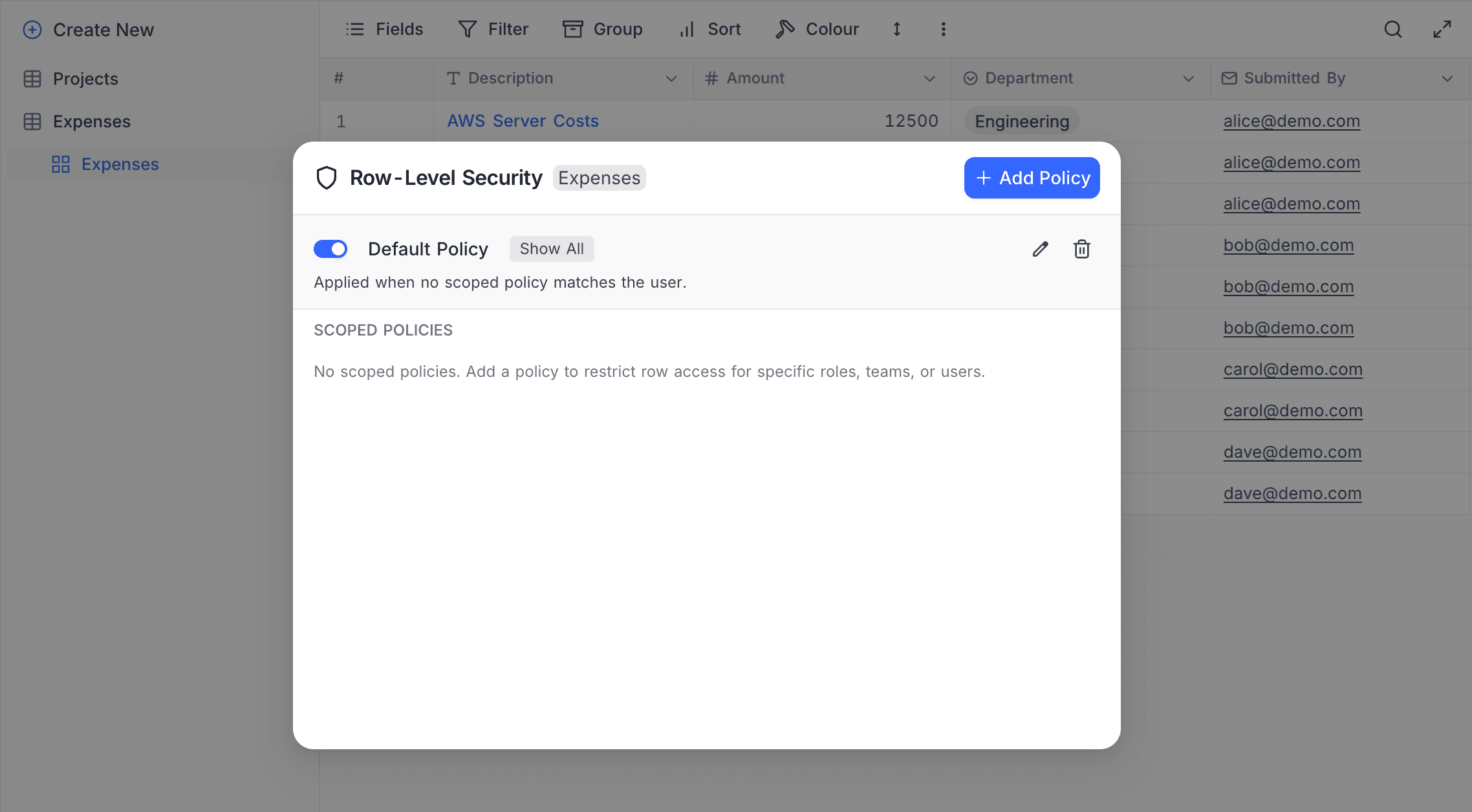 Policy list with default and scoped policies: toggle, edit, and delete controls