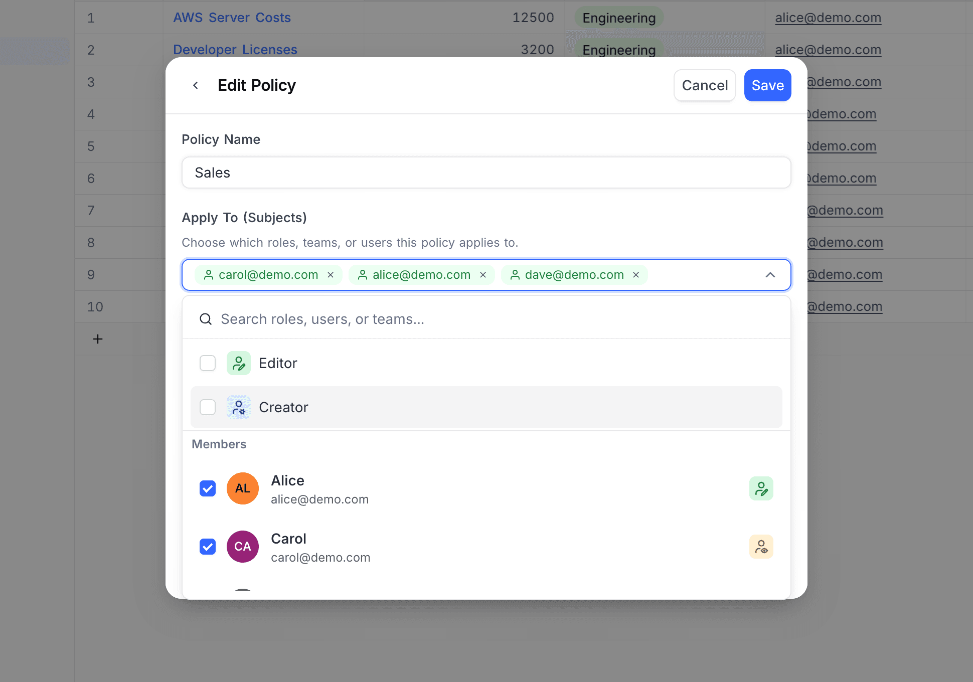 Selecting subjects: roles, members, and teams