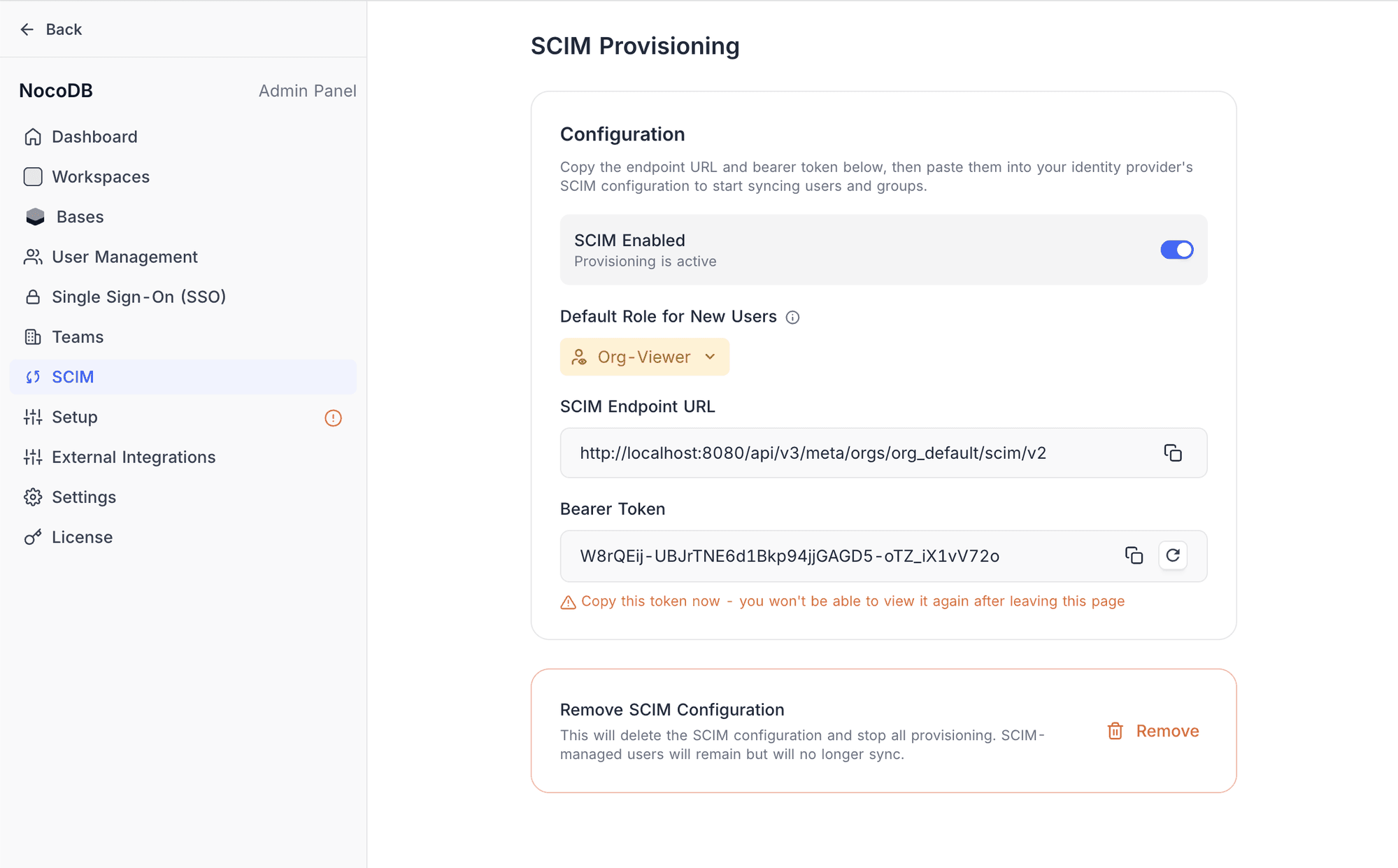 SCIM configured with token visible
