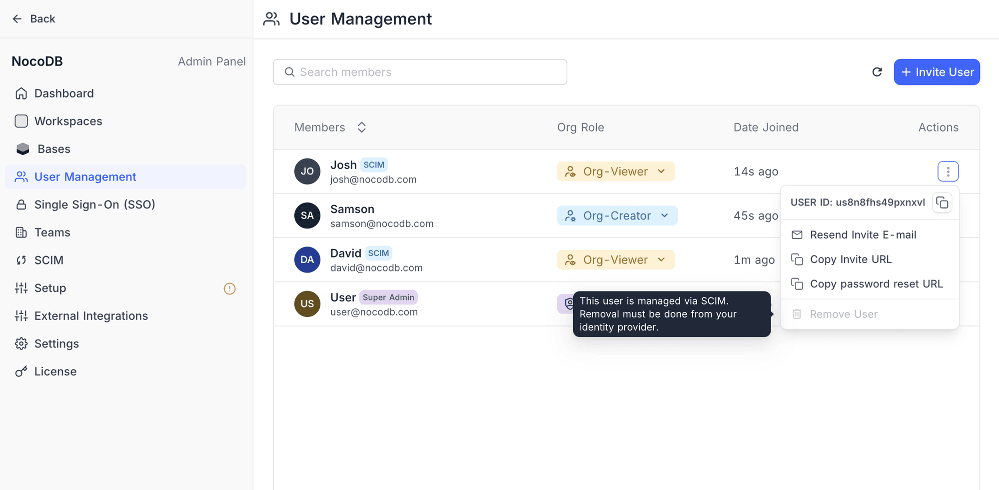 SCIM managed user actions
