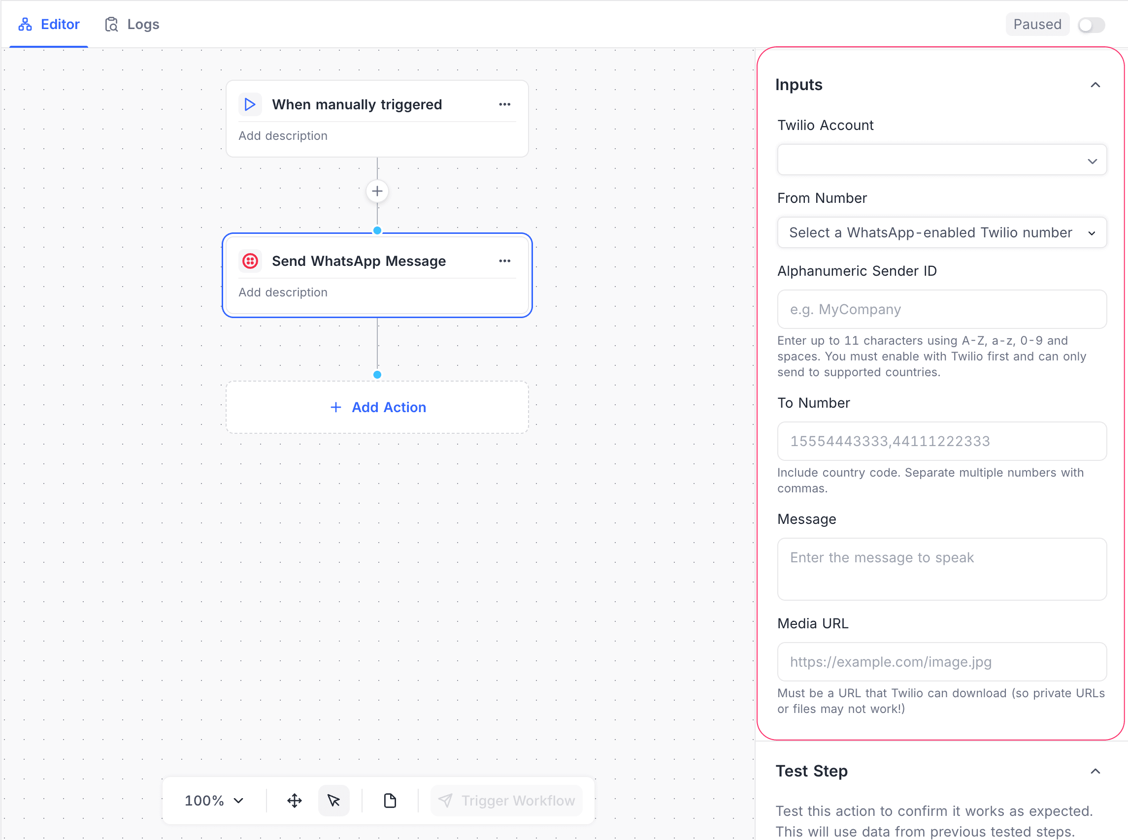 Twilio Send WhatsApp Message Action