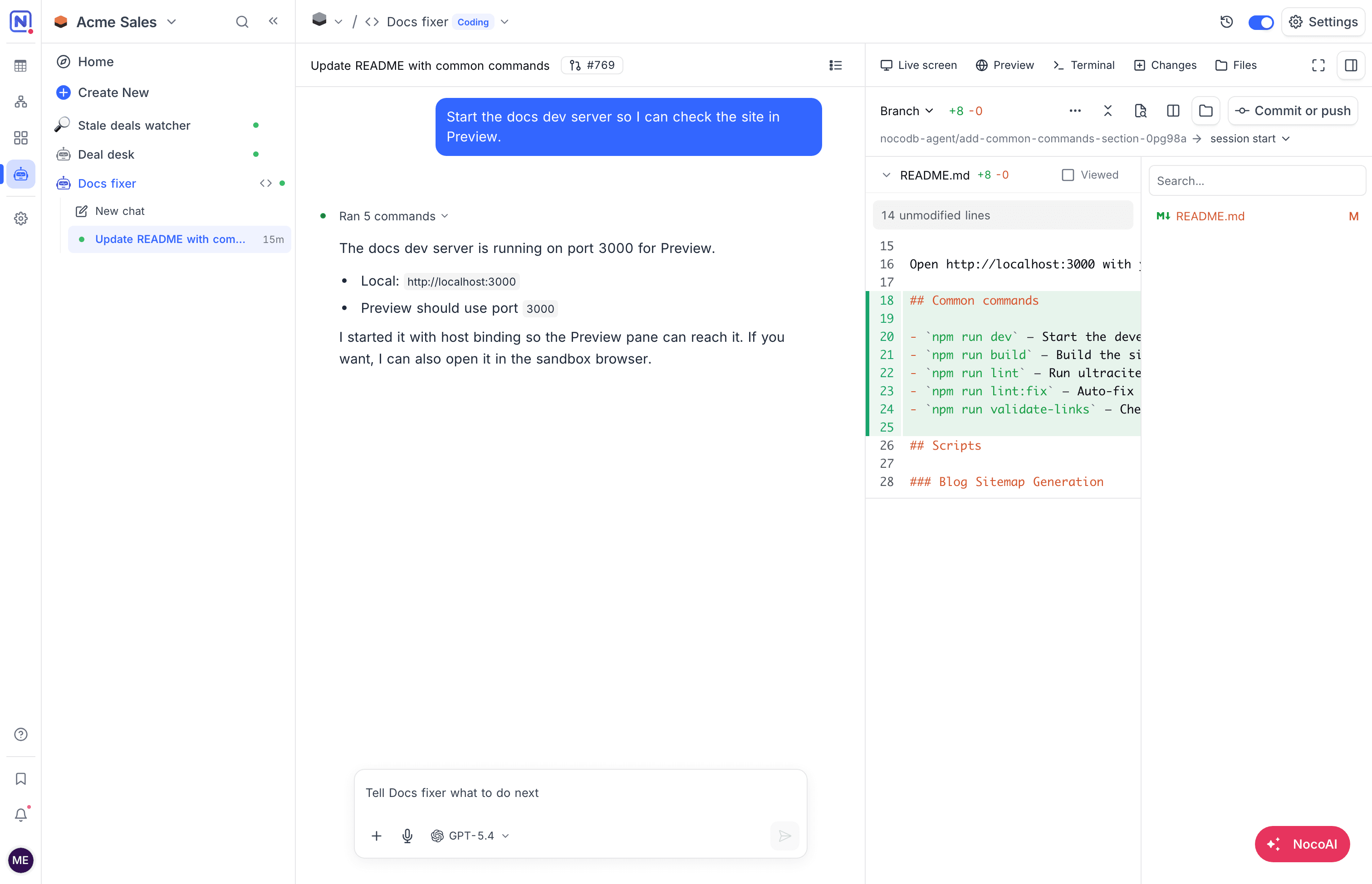 A coding session with the chat on the left and the Changes pane on the right