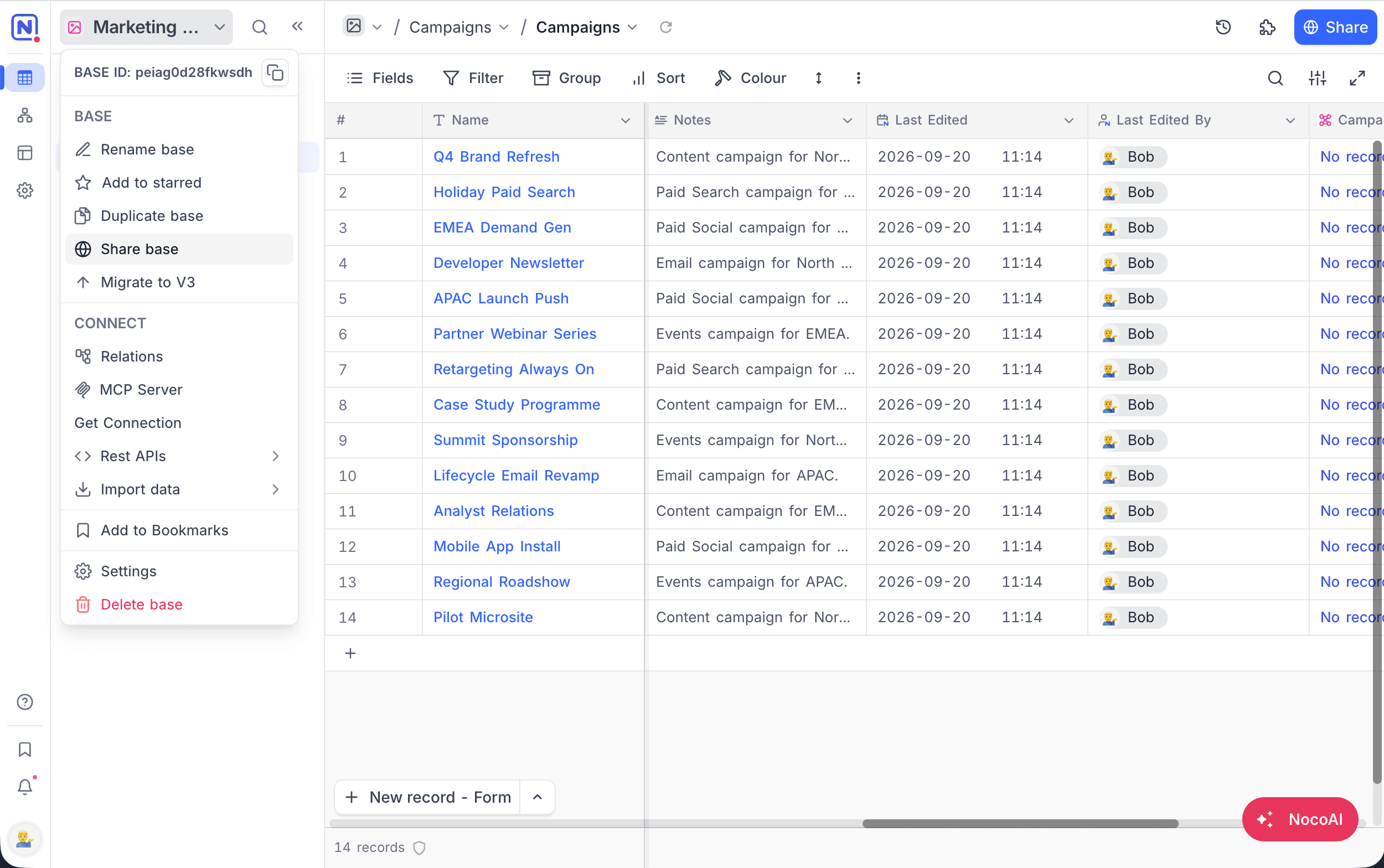 Share base in the base context menu