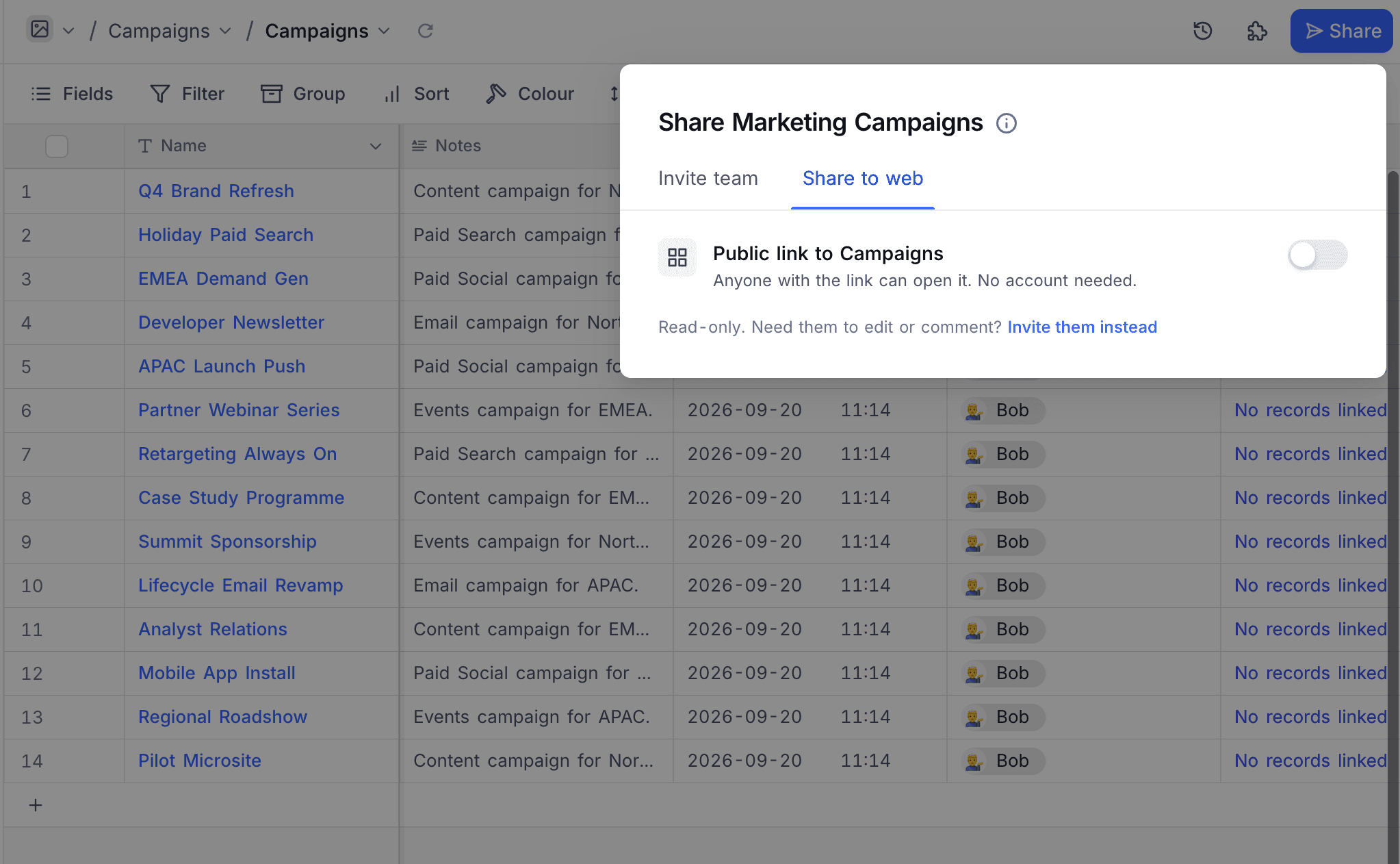 The Share to web tab before the link is created
