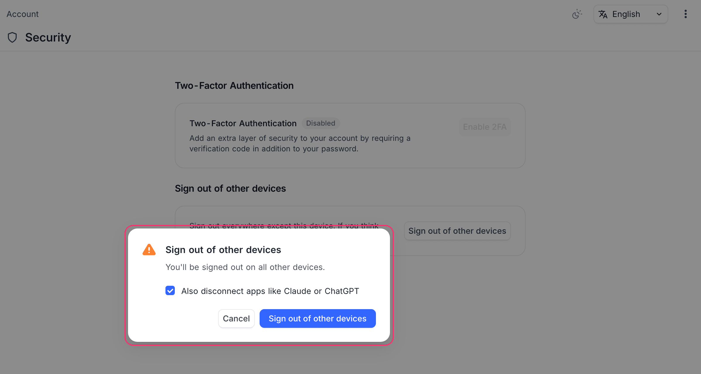 The confirmation dialog with the Also disconnect apps like Claude or ChatGPT checkbox