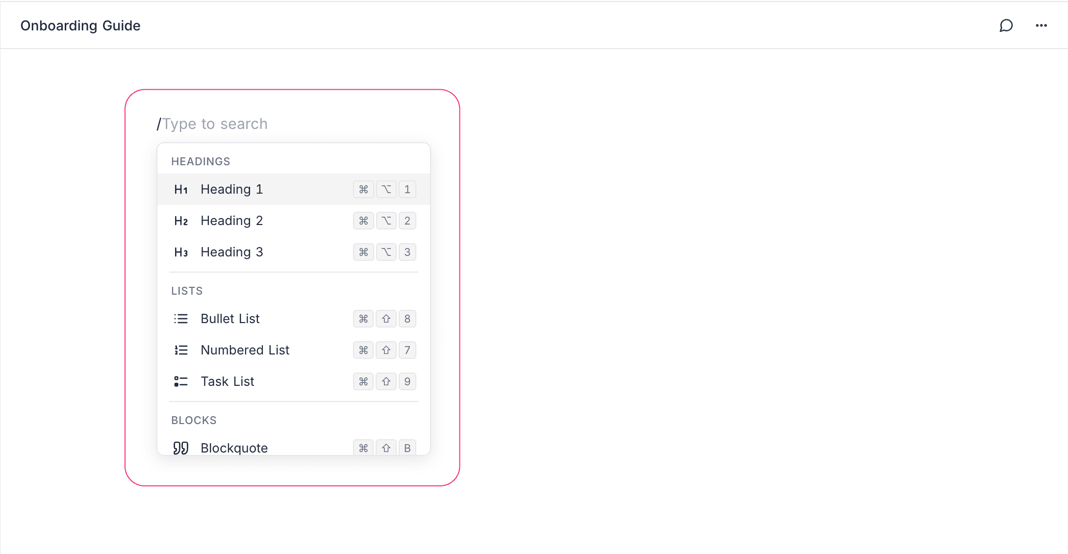 Slash command menu showing available blocks