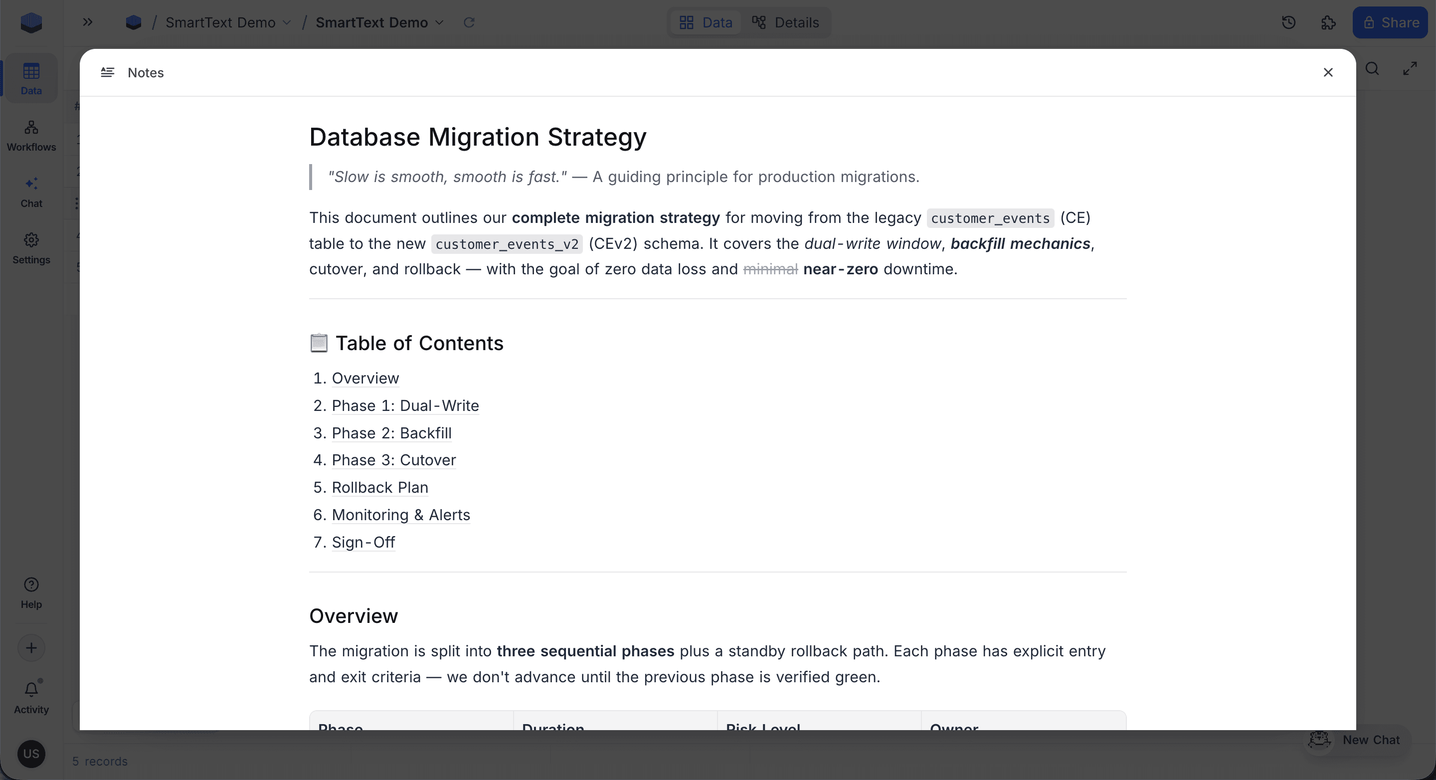 Smart text full-screen modal opened from an expanded record