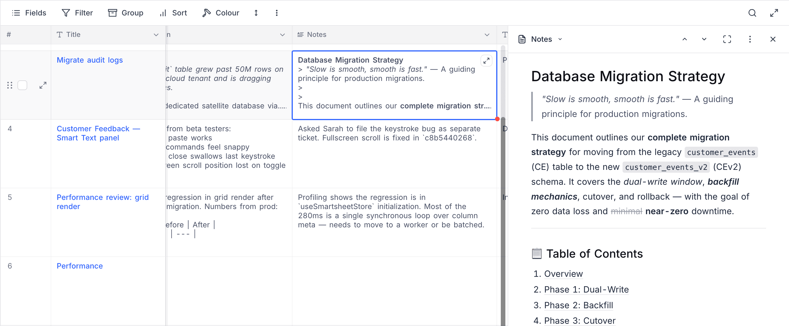 Smart text cells in the grid showing the limited markdown subset