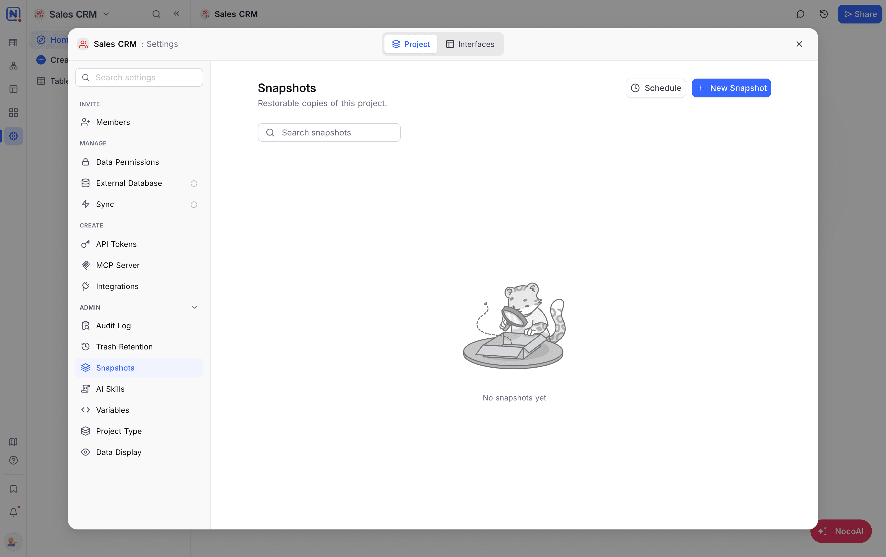 The Snapshots pane under Project Settings → Admin