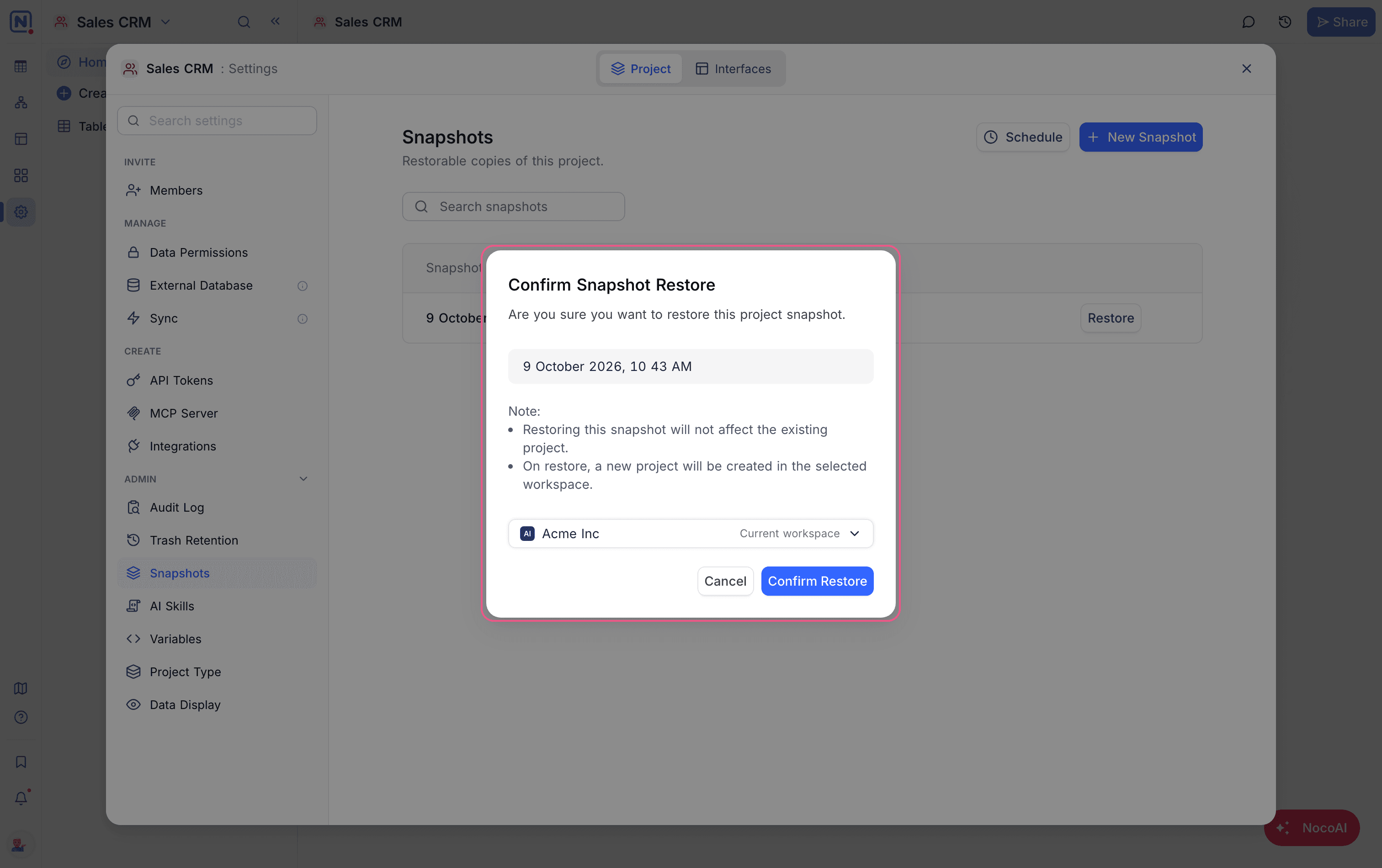 The Confirm Snapshot Restore dialog