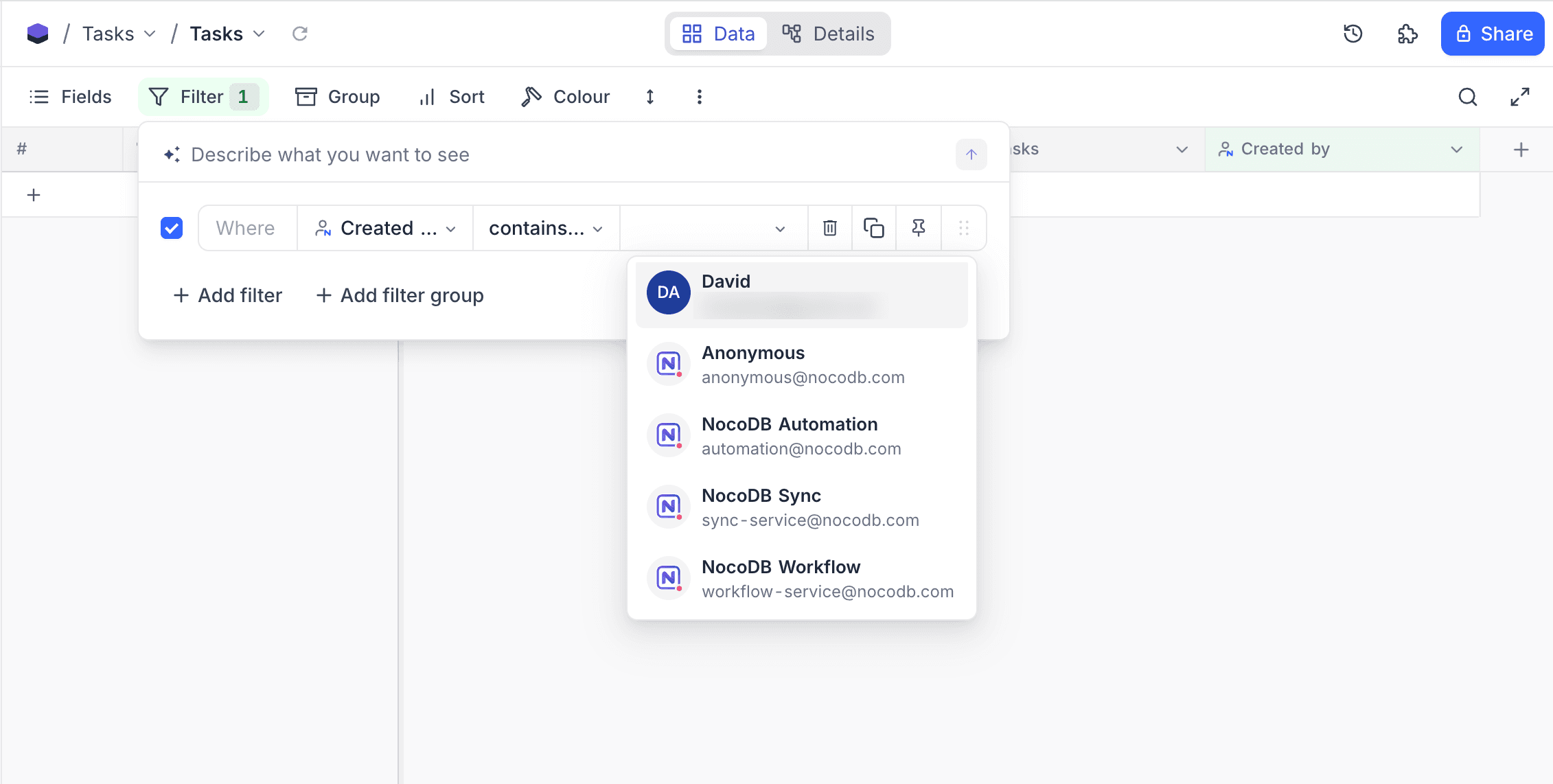 System users listed in a Created by filter