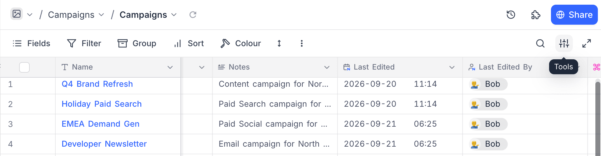 The Tools button in the view toolbar