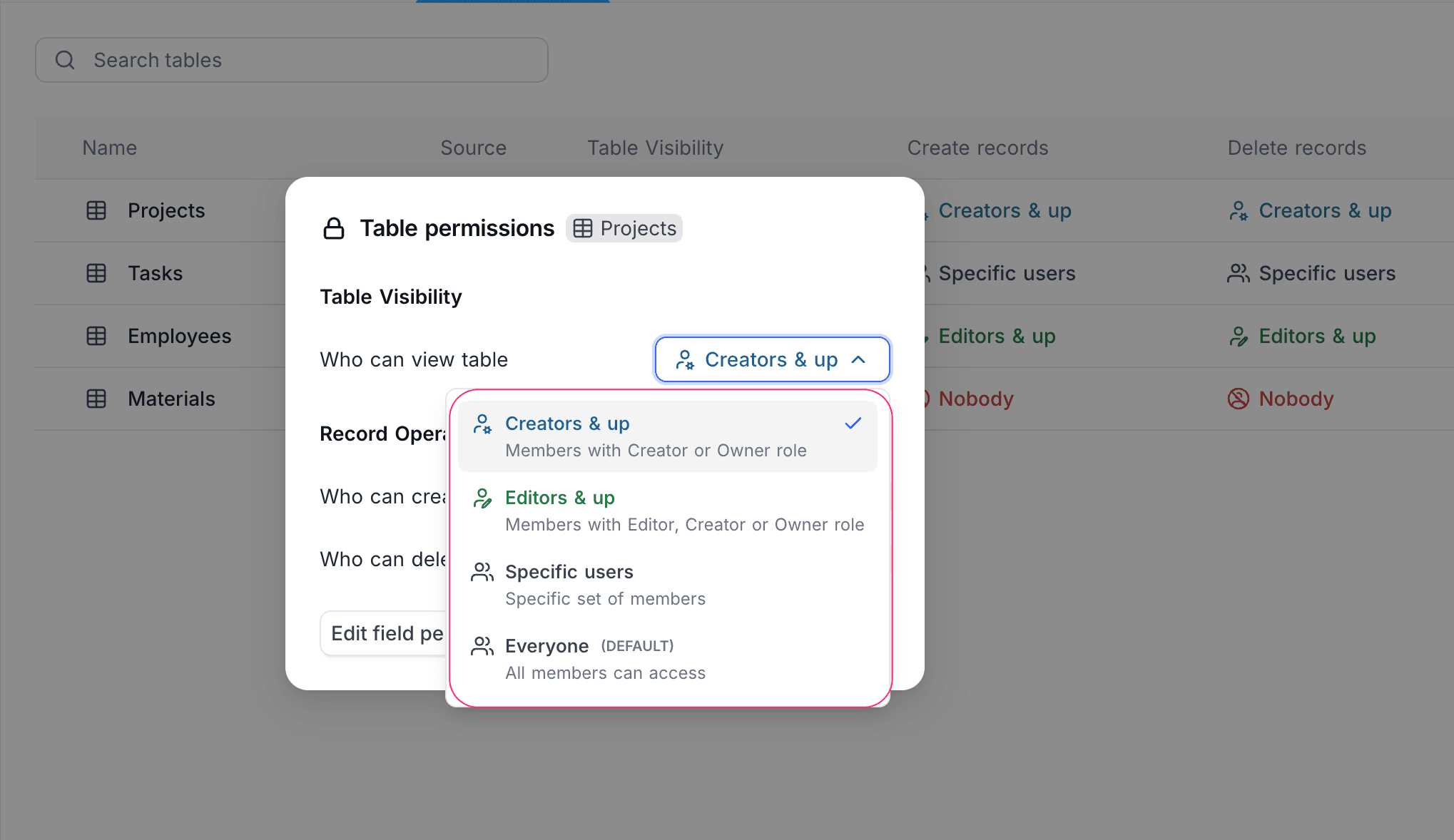 Table visibility setting