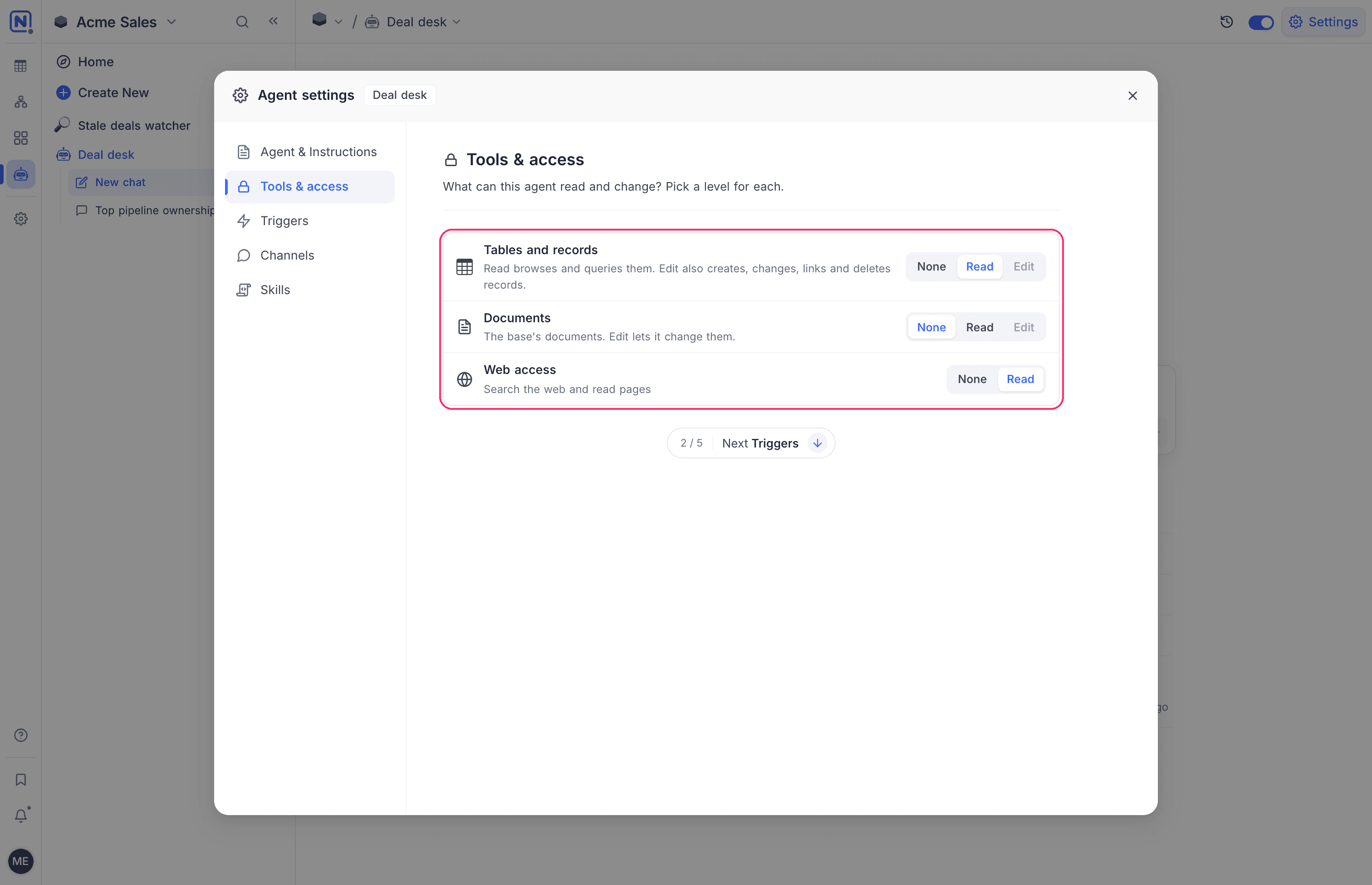 The Tools & access section of an agent with a level for Tables and records, Documents and Web access