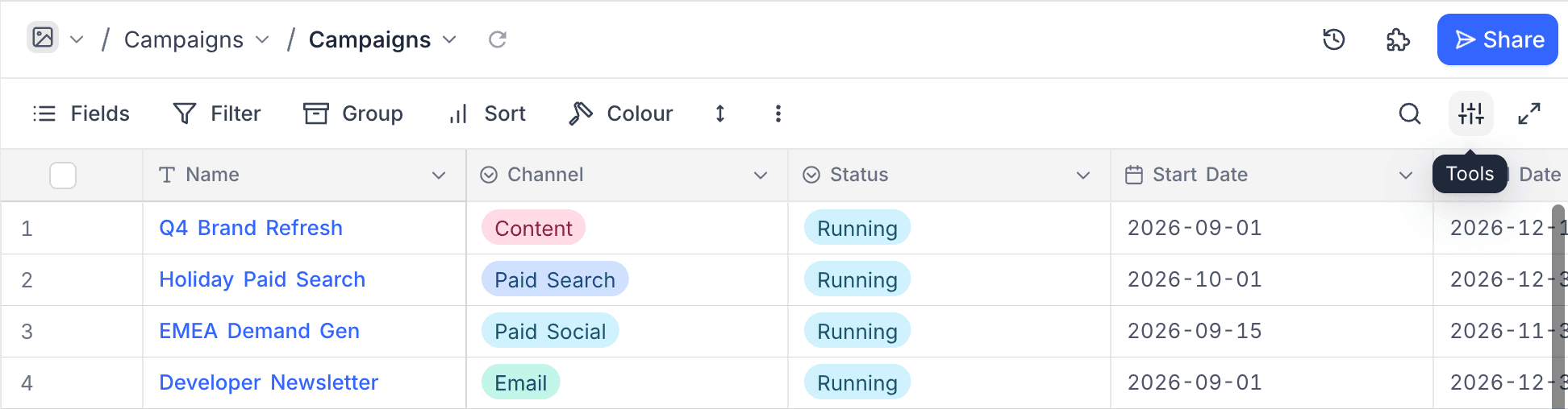 Tools button in the view toolbar