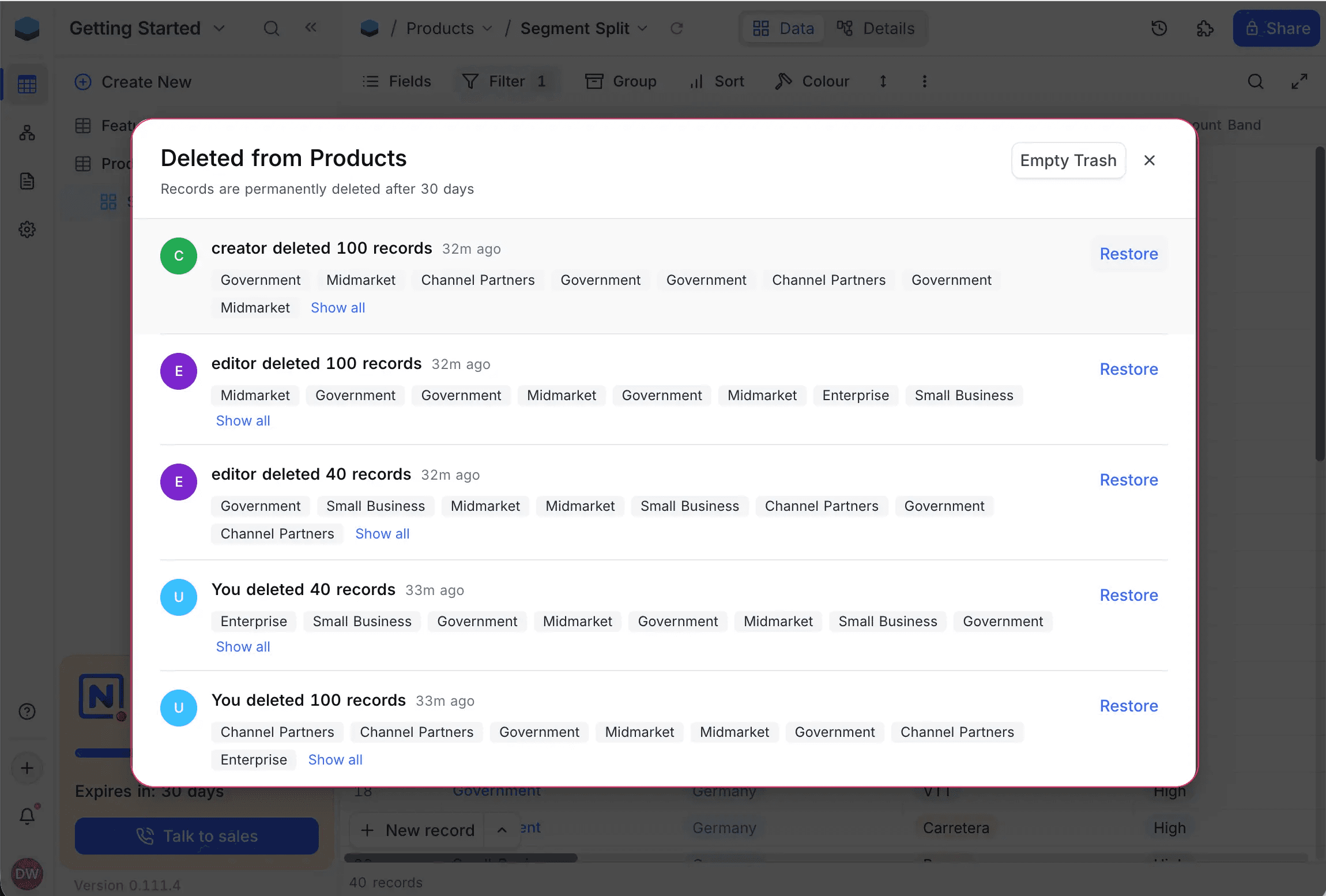 Empty Trash button in the Trash modal
