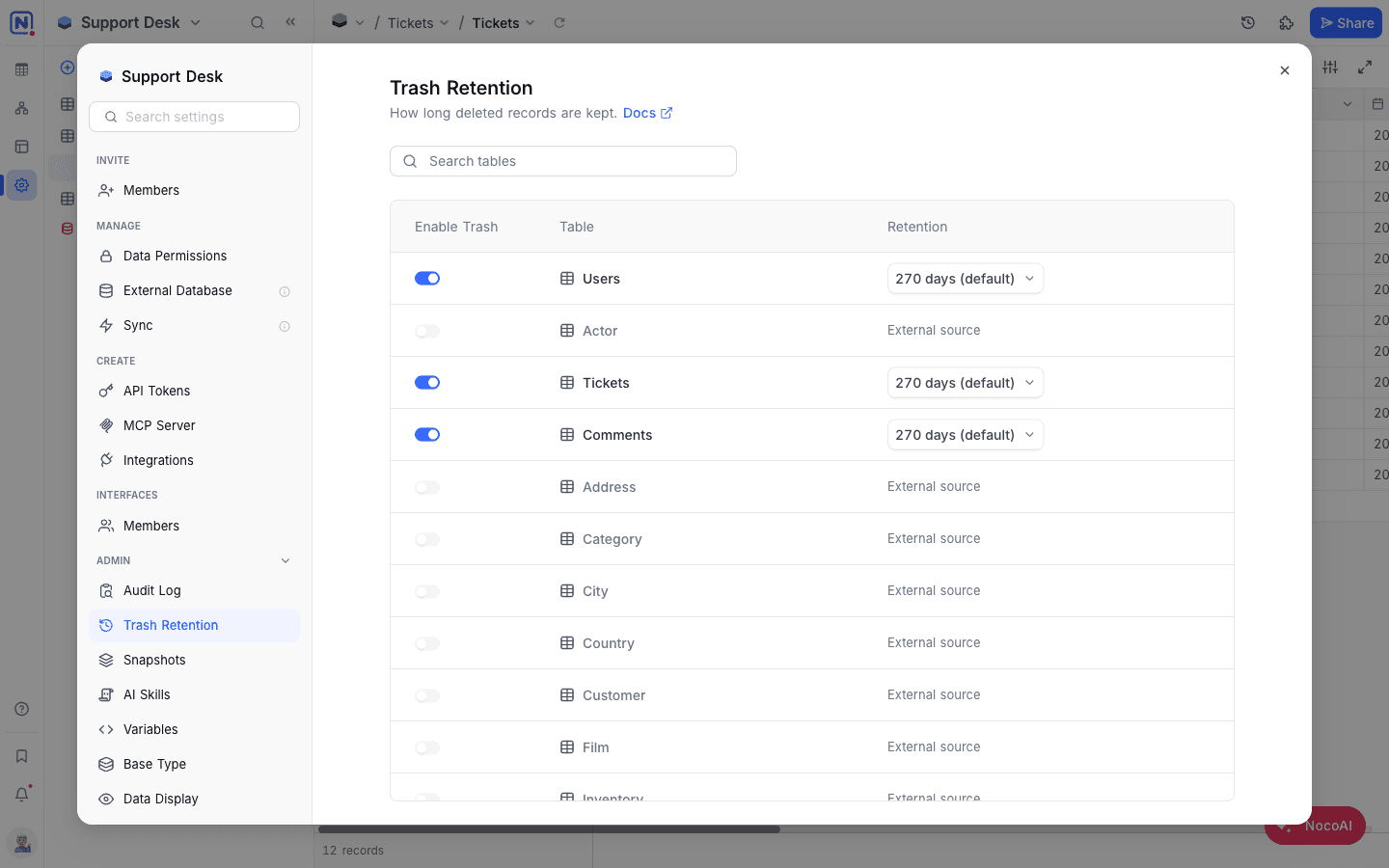 Record Trash settings: per-table toggle and retention selector