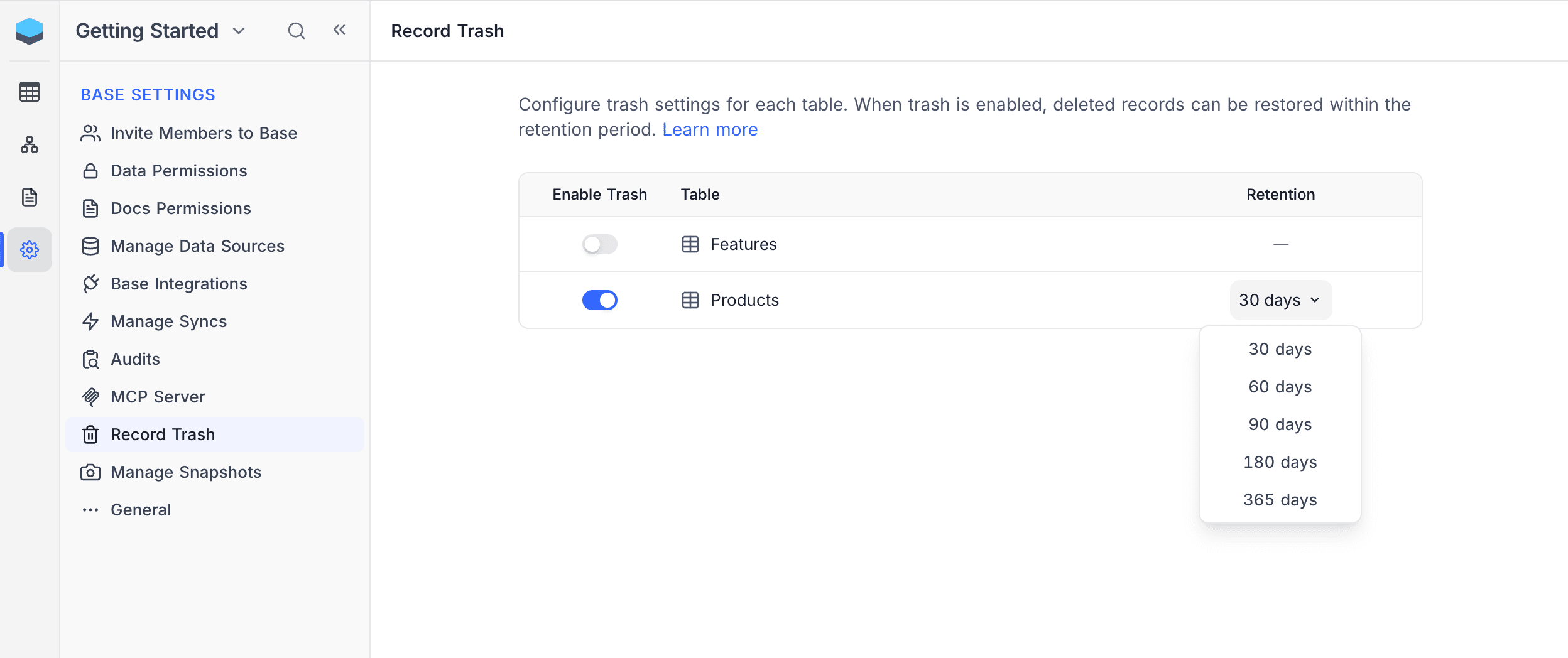 Record Trash settings — per-table toggle and retention selector