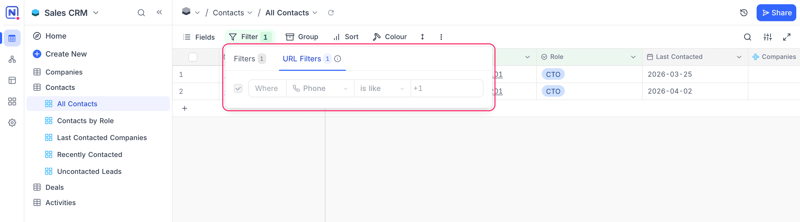 The URL Filters tab, beside the toolbar Filters tab