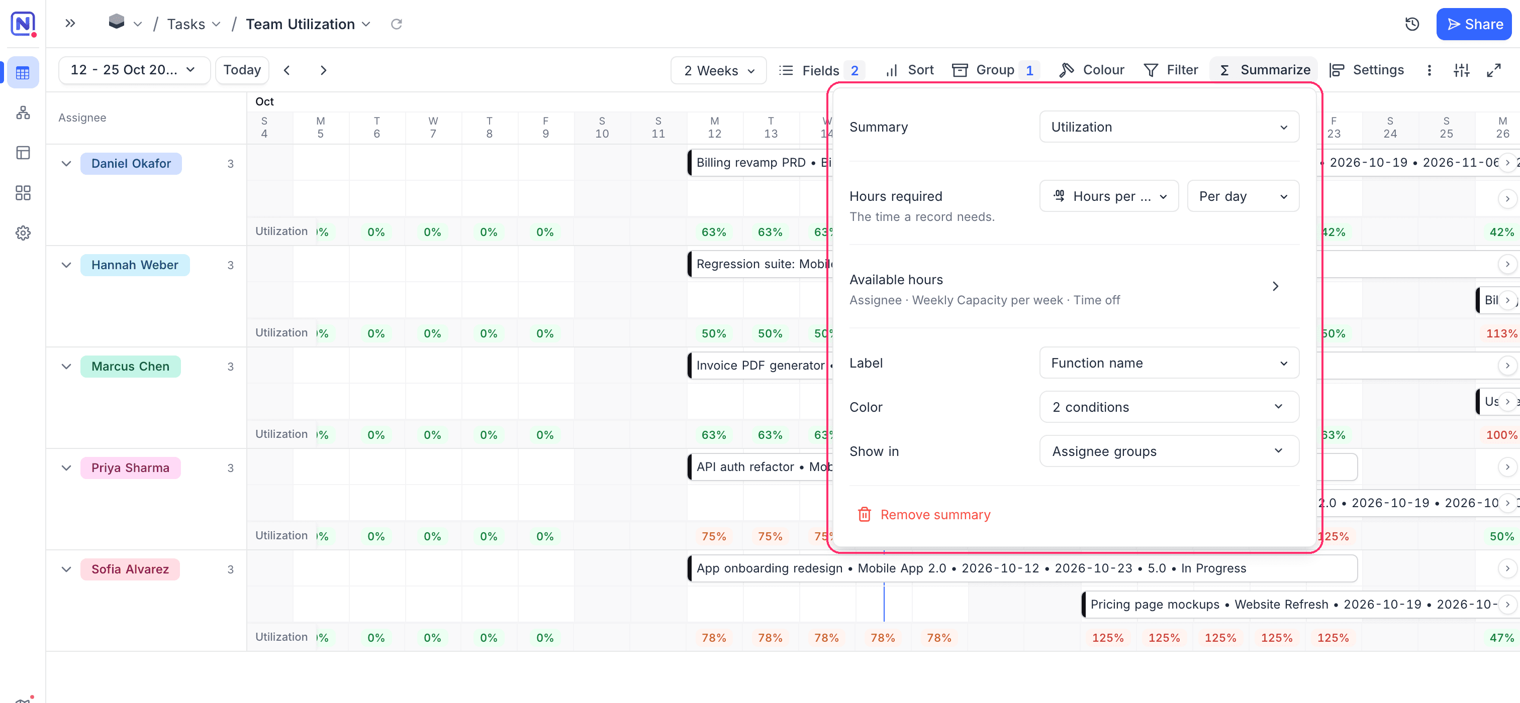 Utilization settings in the Summarize panel