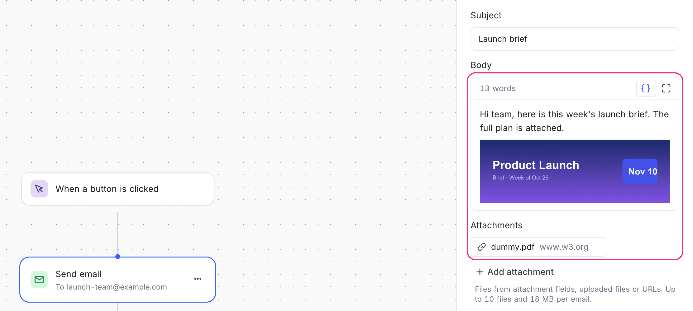 An inline image in the email body and a PDF under Attachments