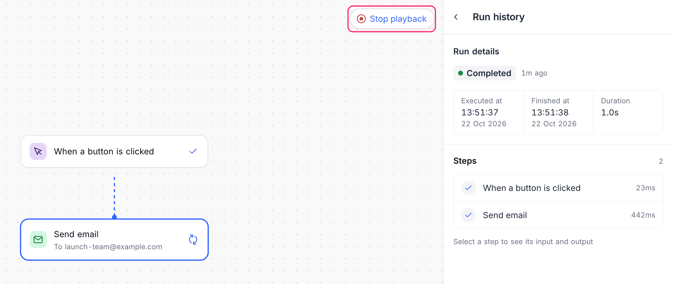 A past workflow run playing back on the canvas