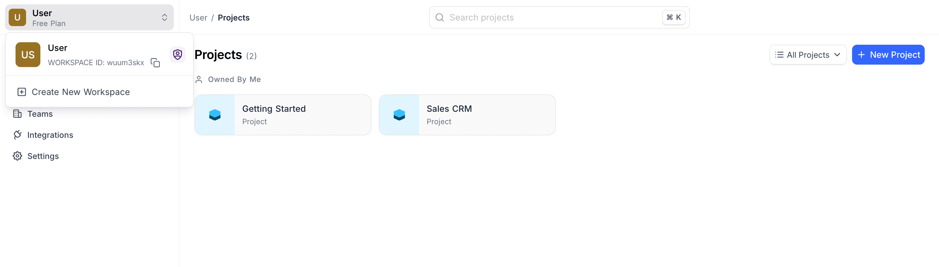 The workspace switcher, with Create New Workspace at the bottom