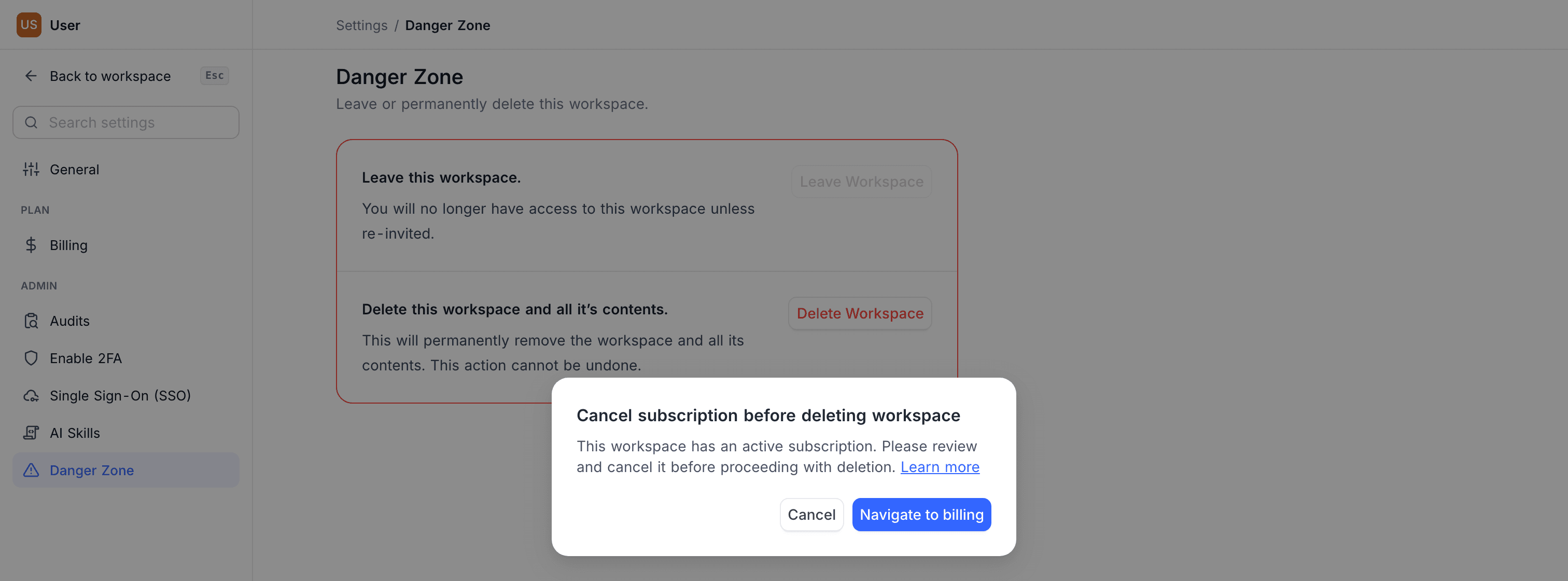Cancel subscription before deleting workspace