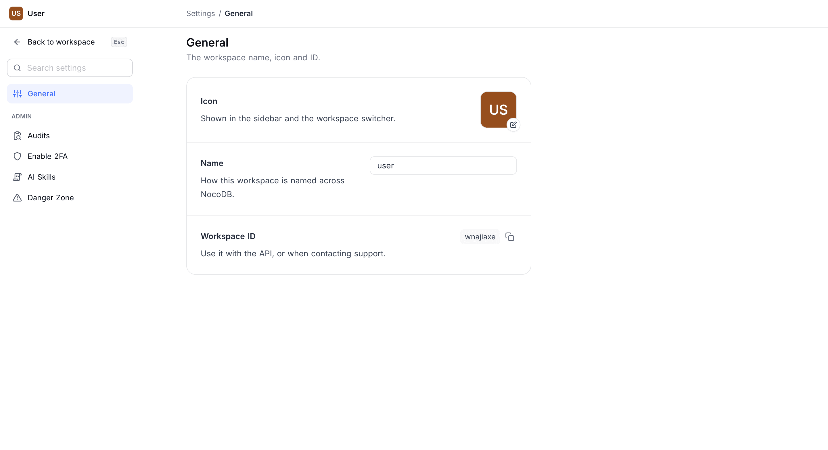 Renaming a workspace under Appearance