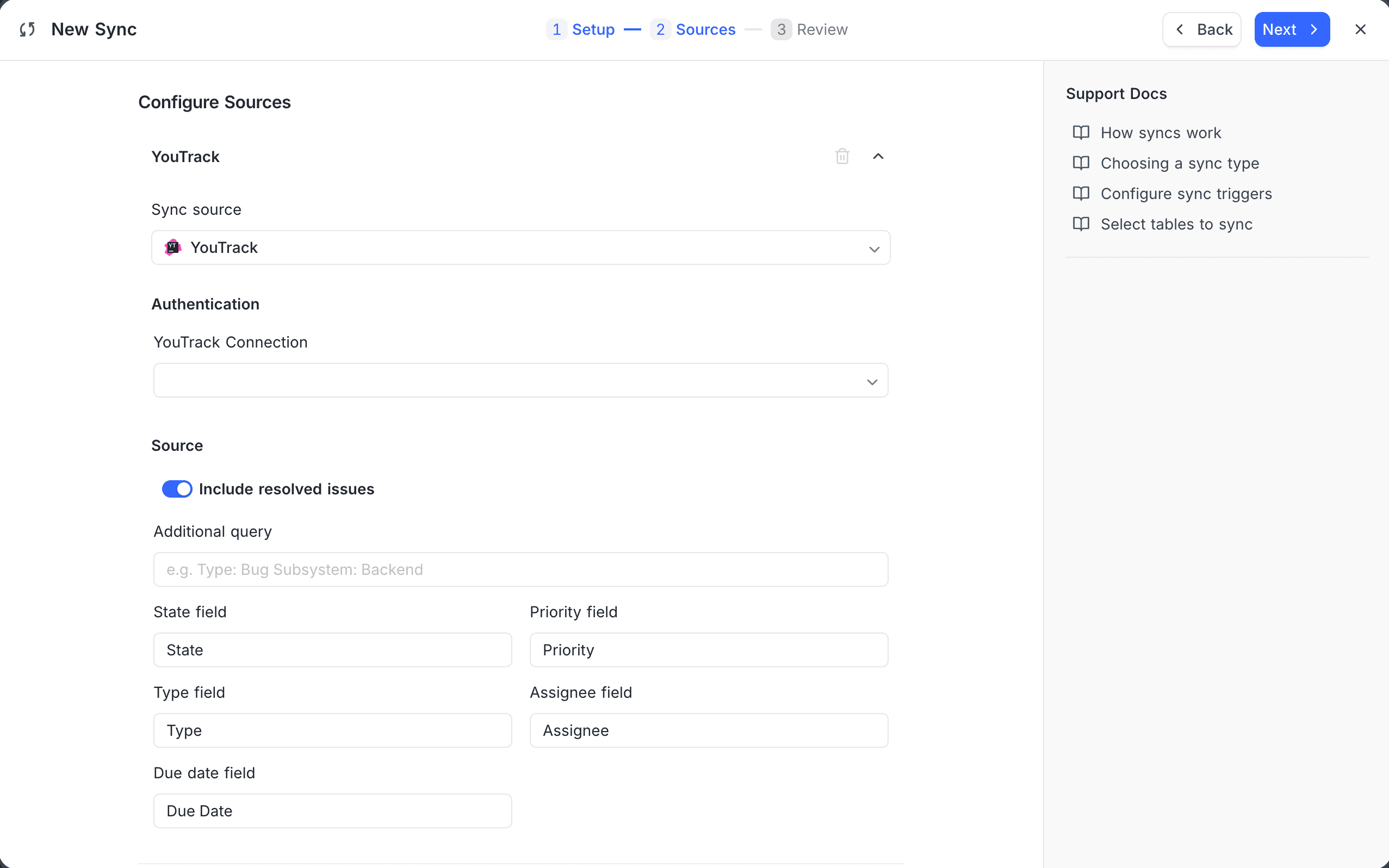 The YouTrack source in the New Sync setup