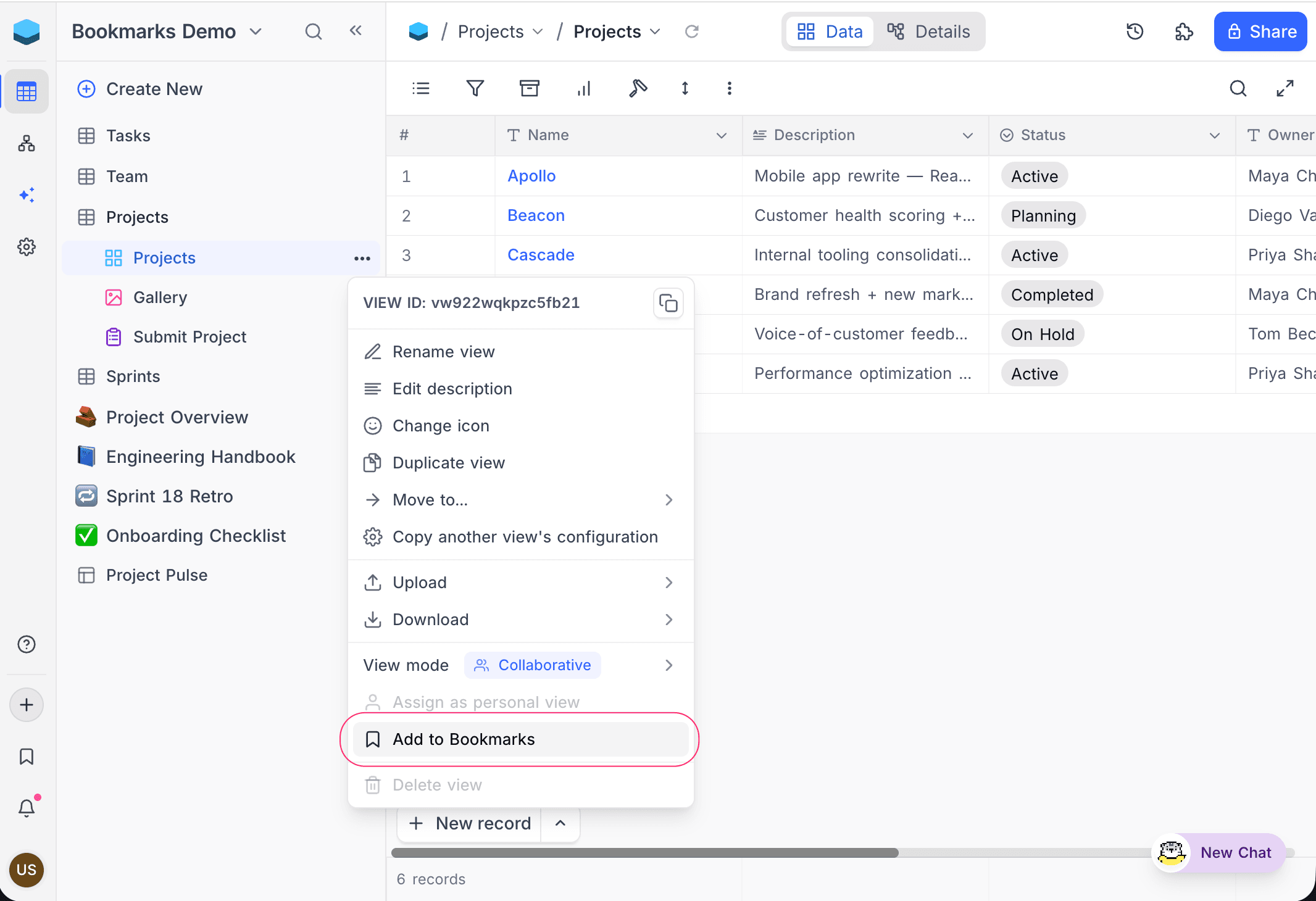 Add to bookmarks from a view context menu