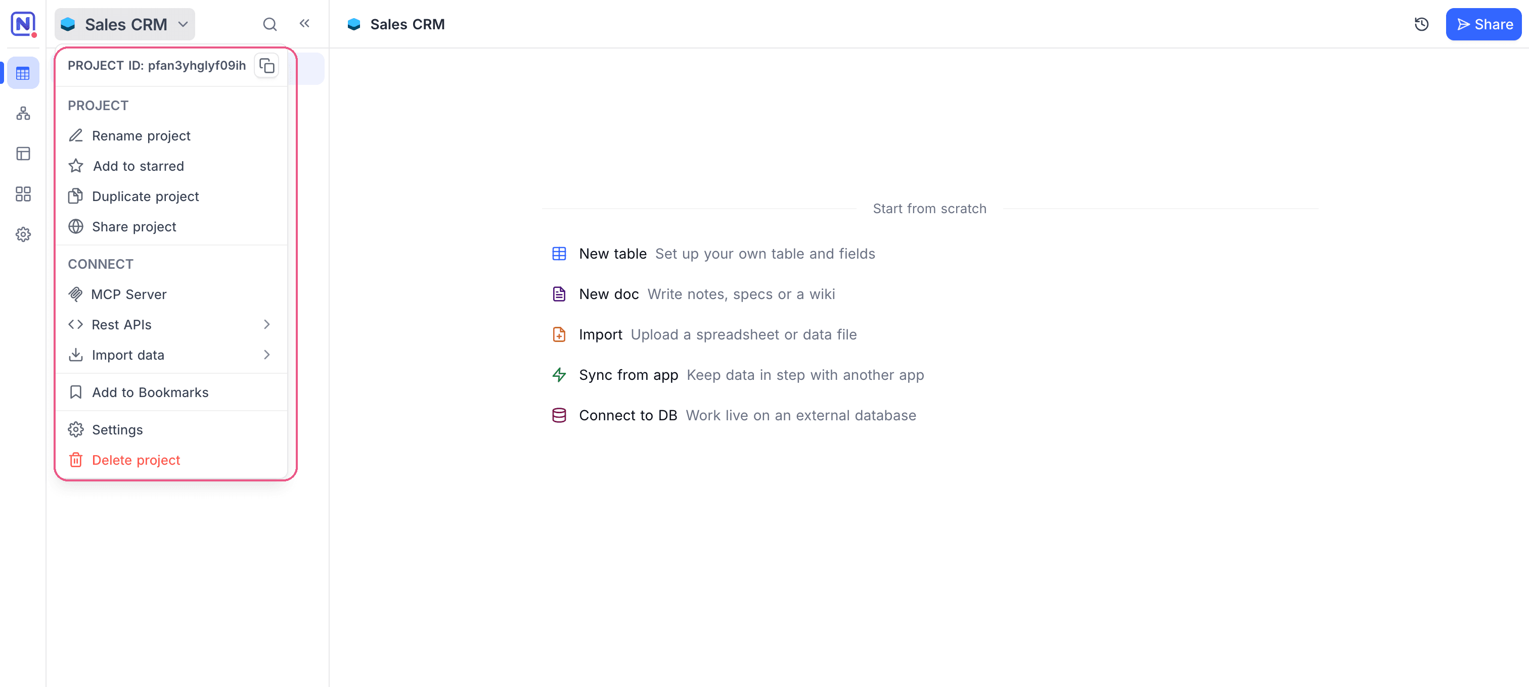 project context menu