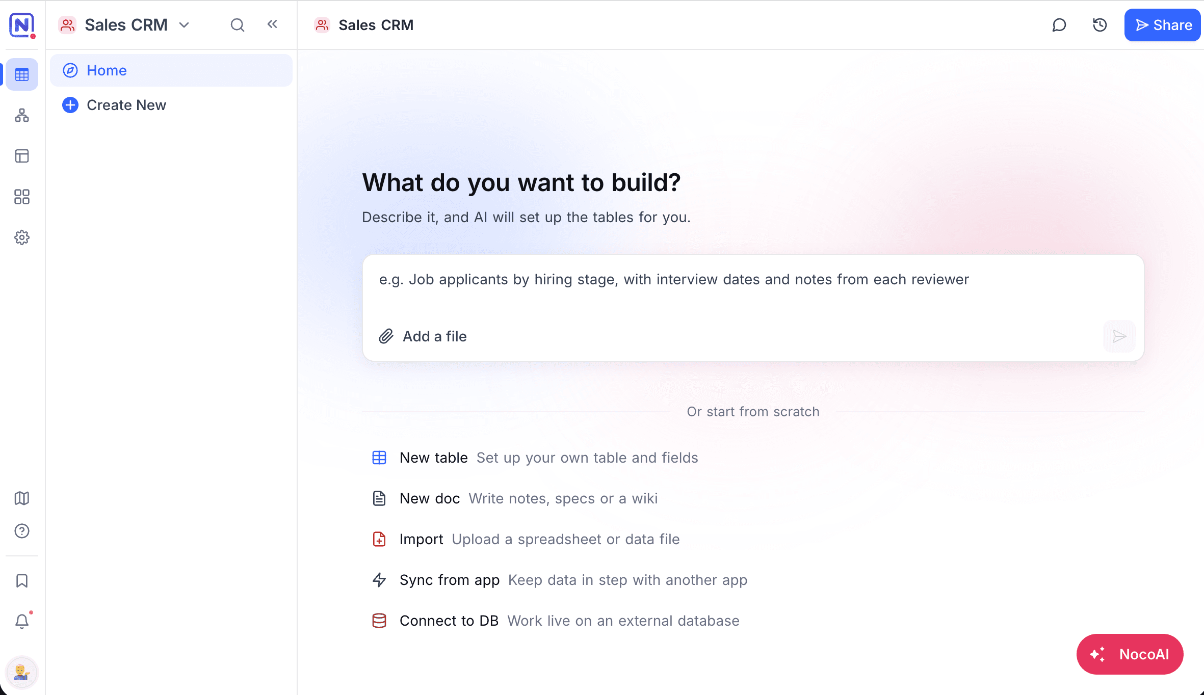 The project dashboard, with the prompt box above the start-from-scratch actions