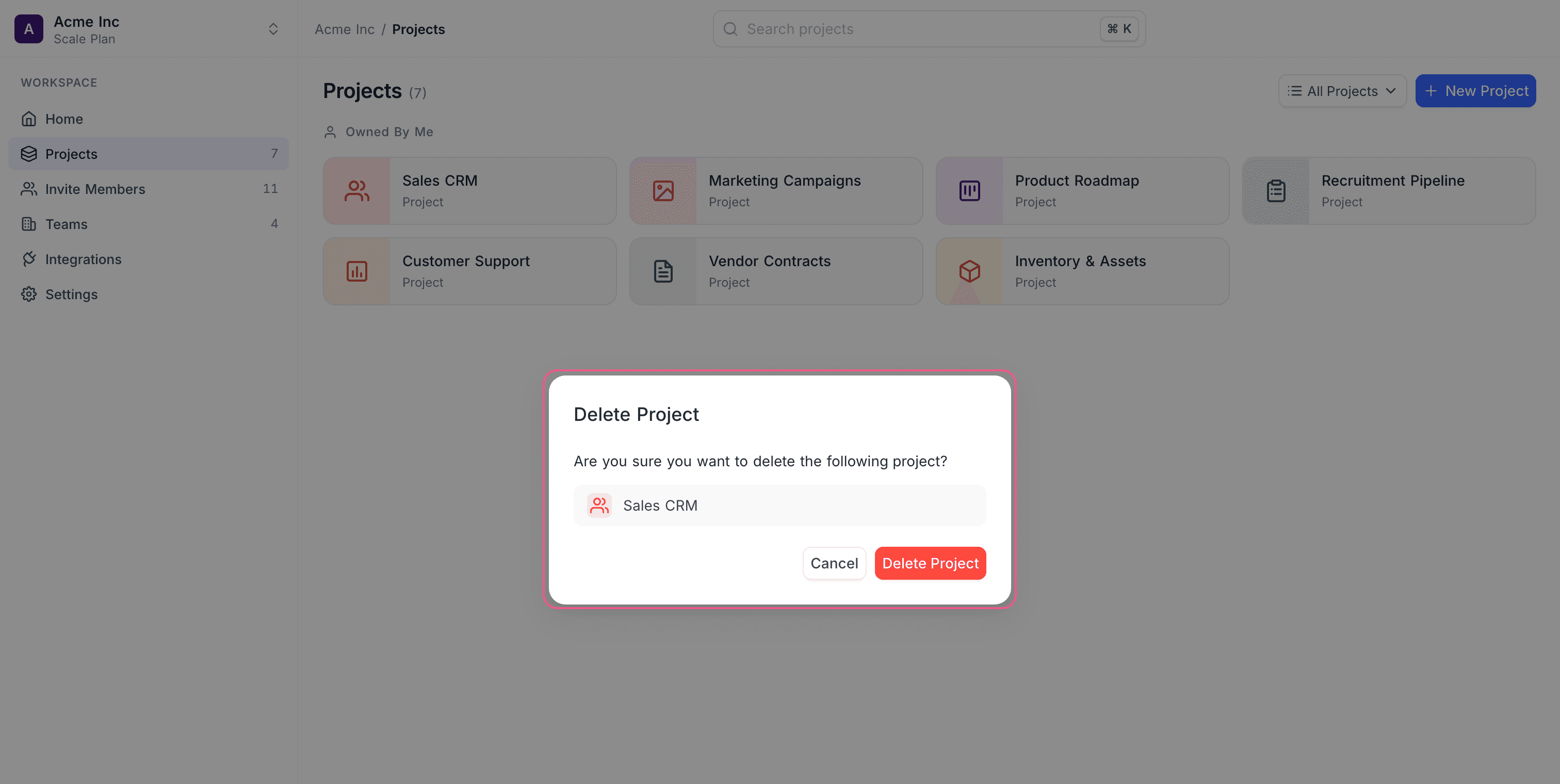 The Delete Project confirmation