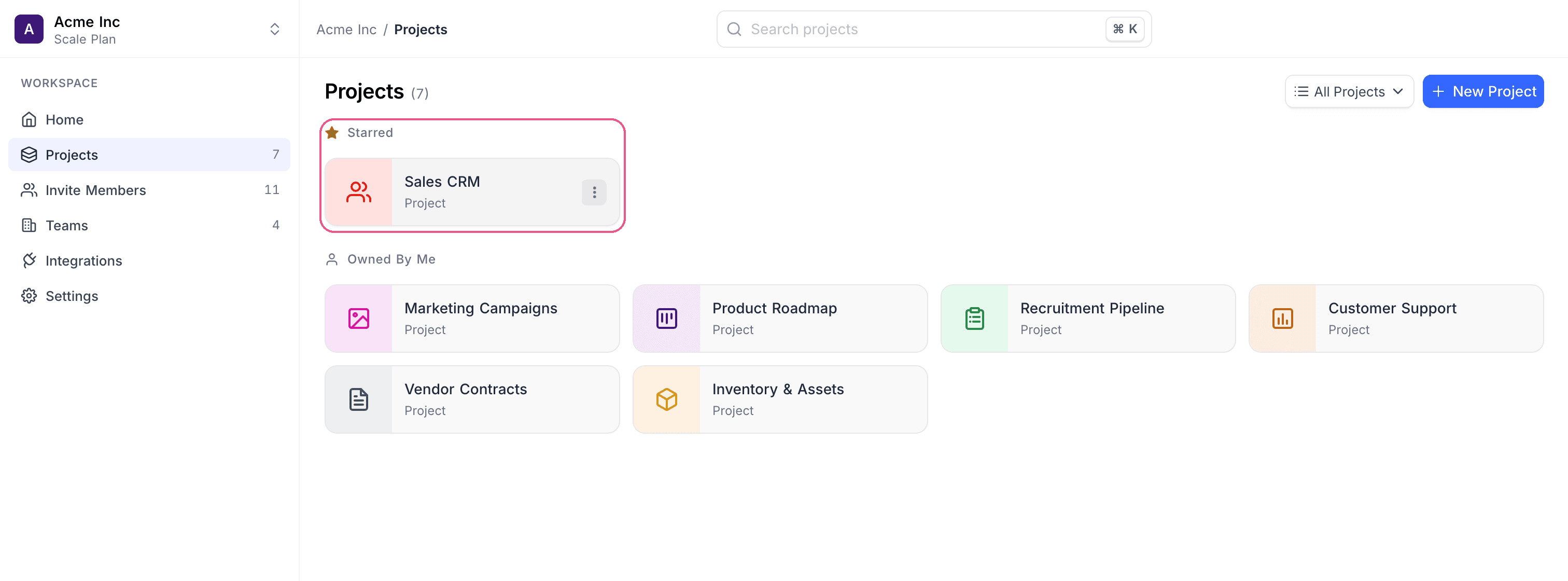Starred projects on the workspace Projects page