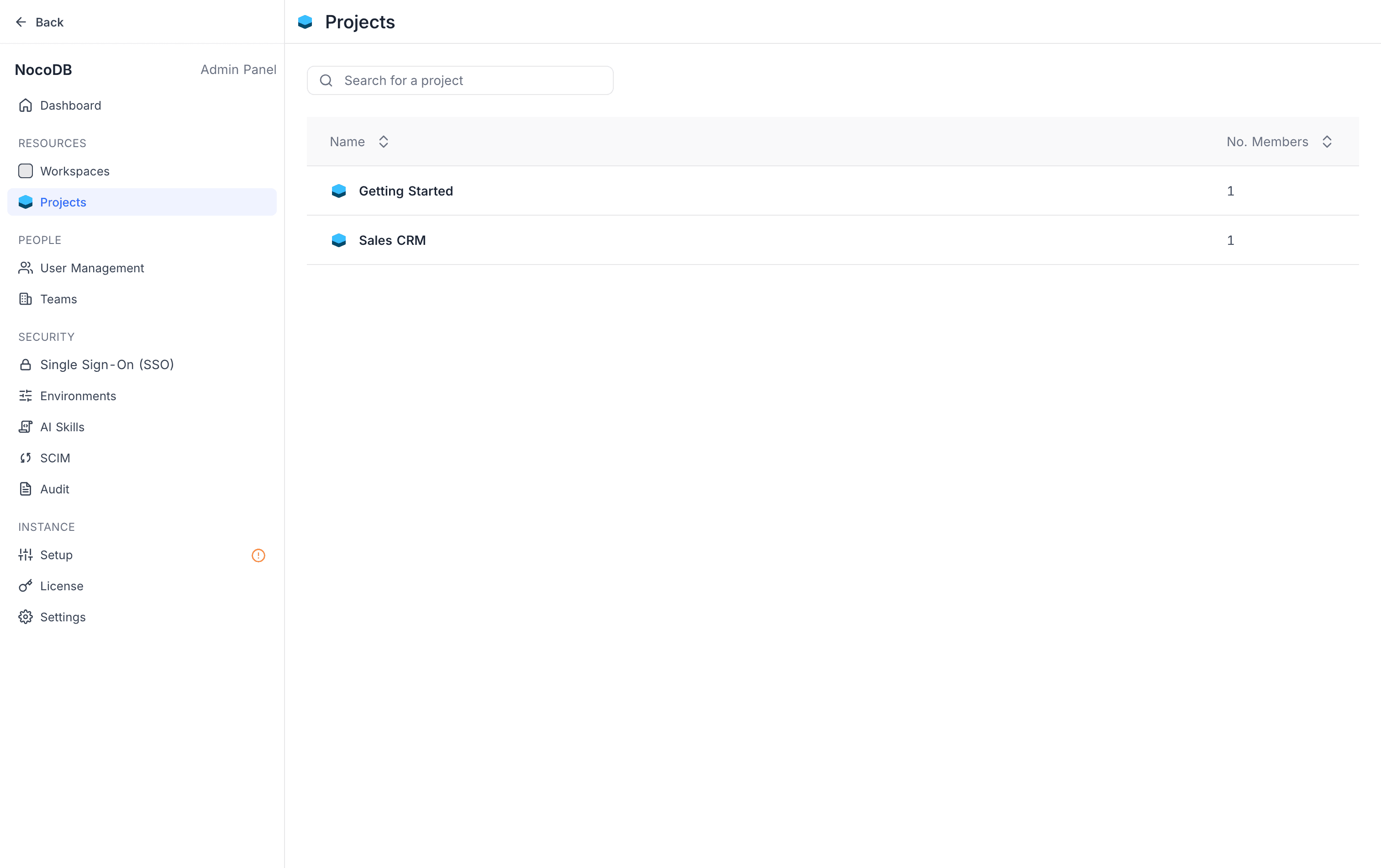 The Projects list in the Admin Panel