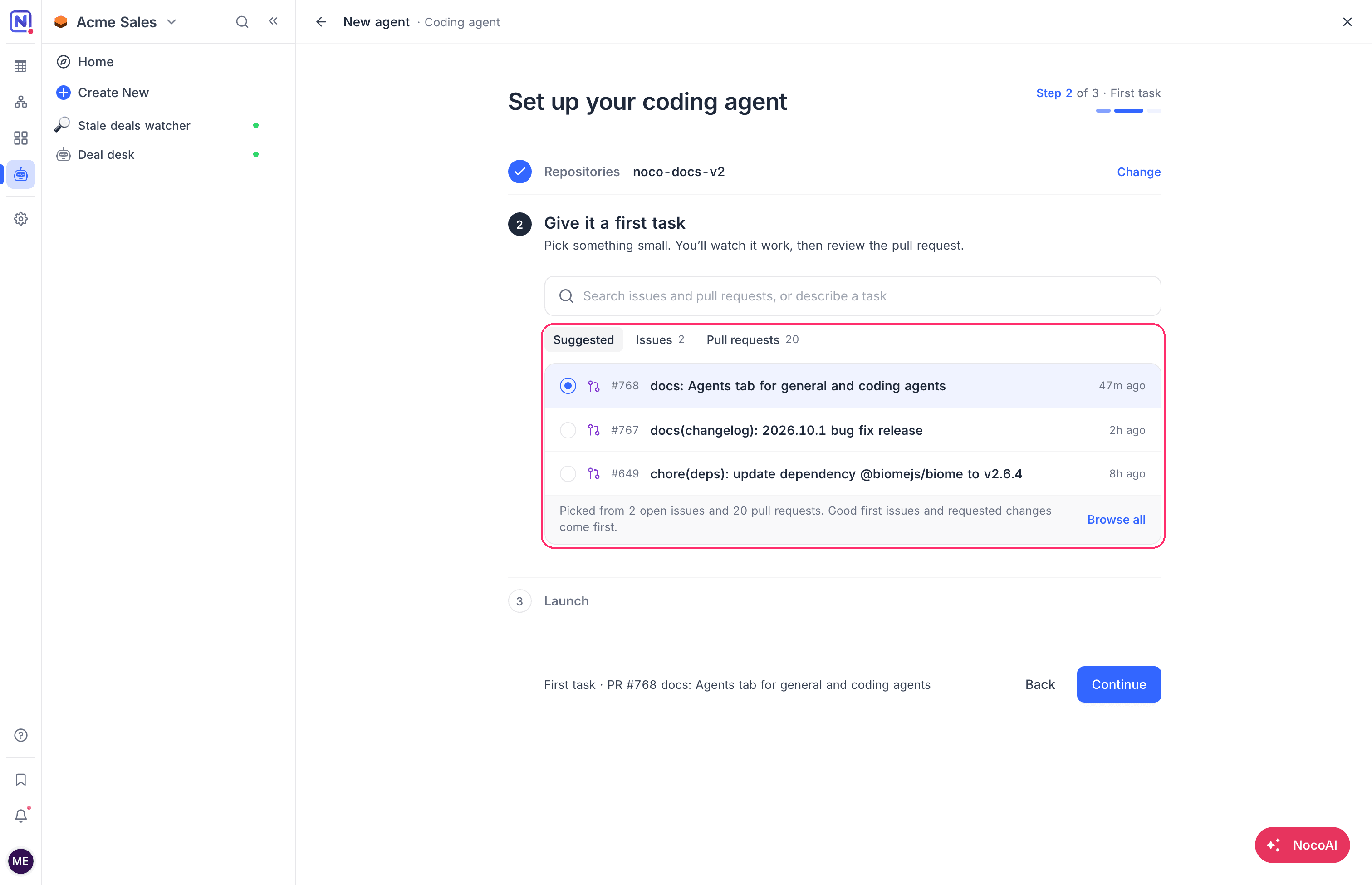 Step 2 of Set up your coding agent with the Suggested, Issues and Pull requests tabs