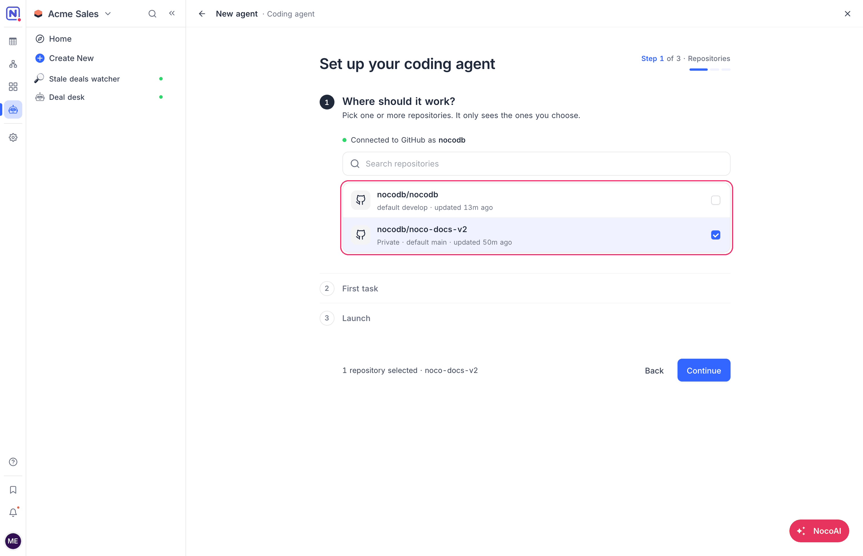 Step 1 of Set up your coding agent, connected to GitHub, with a repository selected
