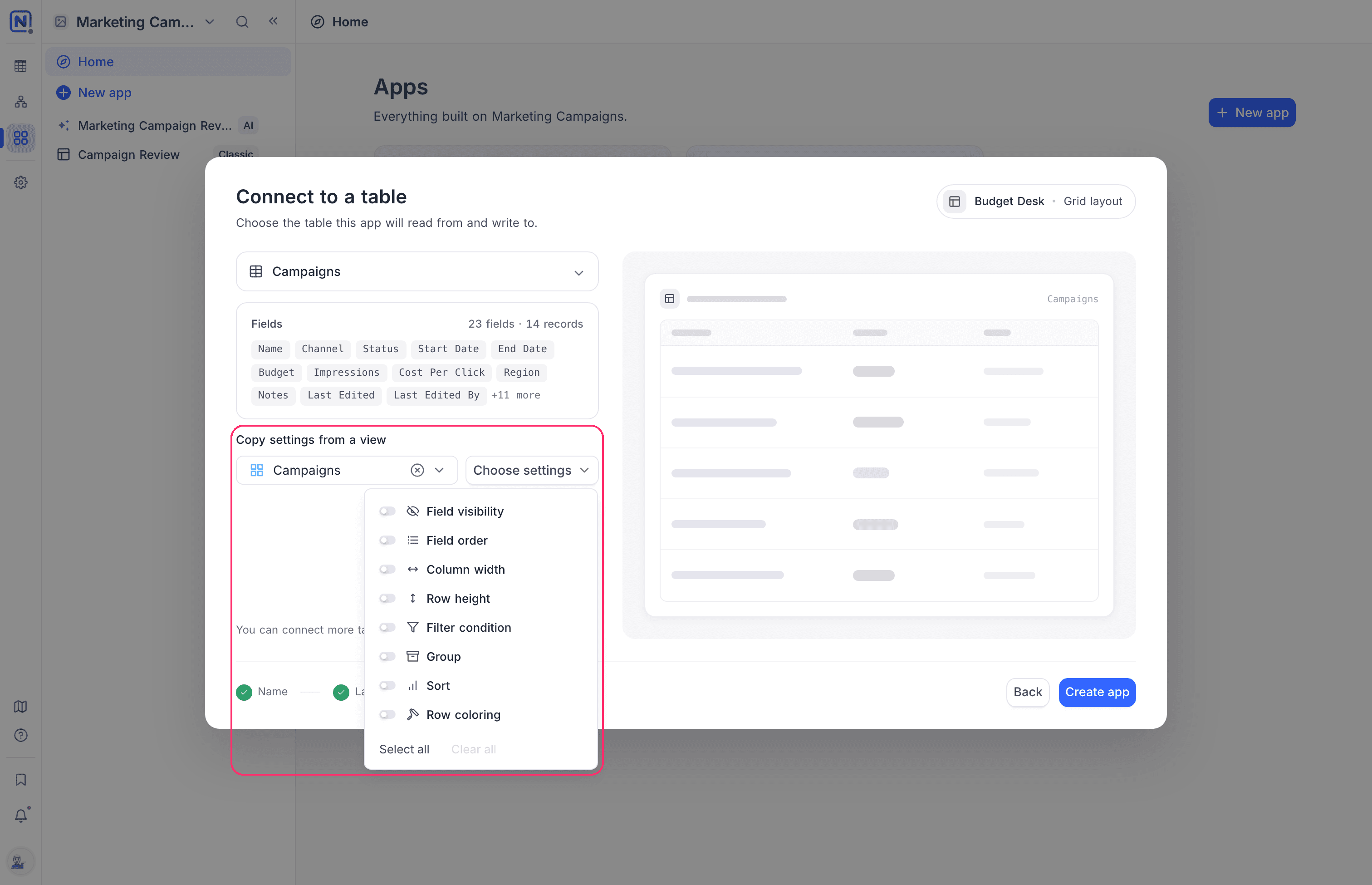 Copy settings from a view