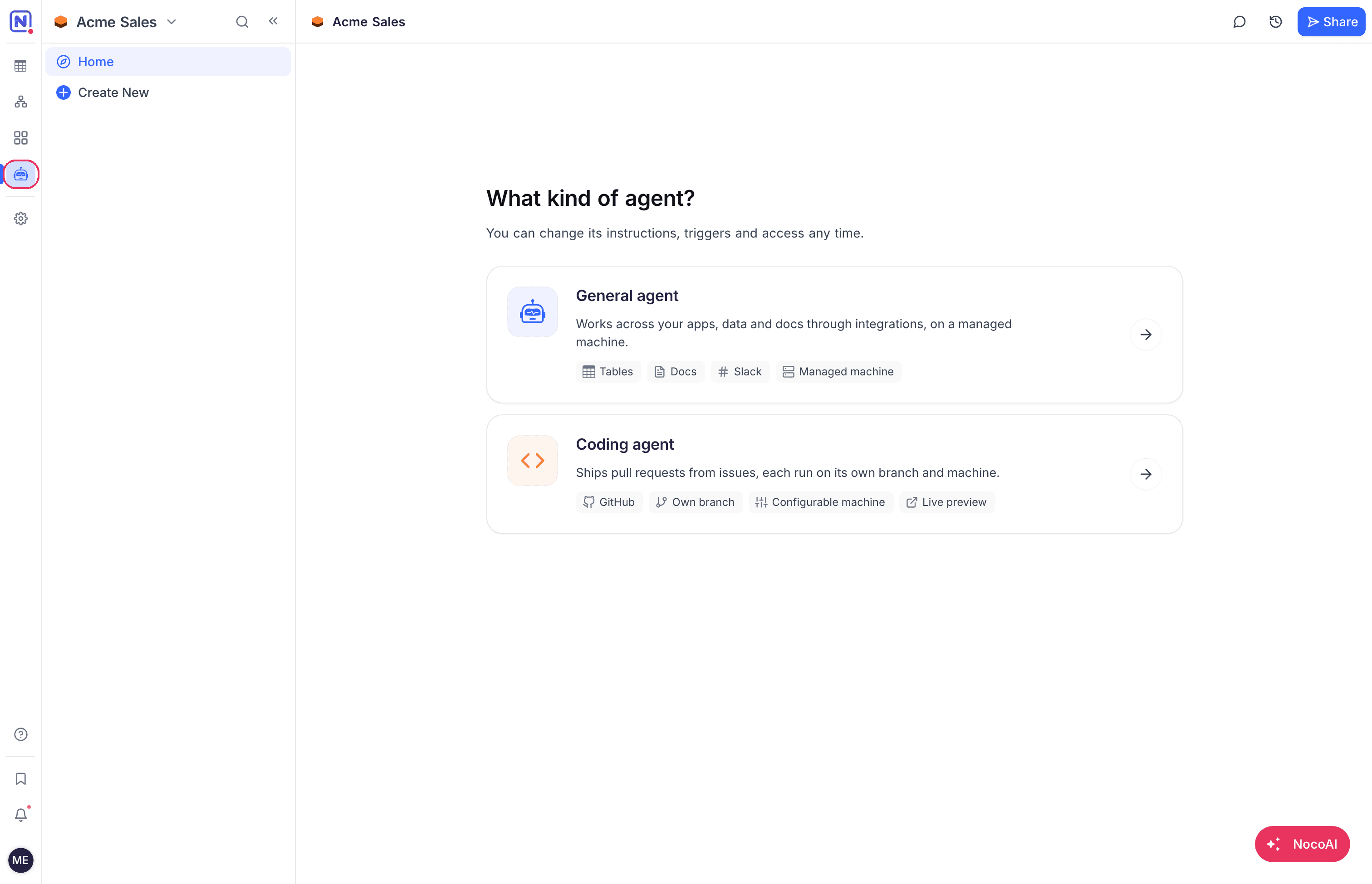 The What kind of agent? step with the General agent and Coding agent cards