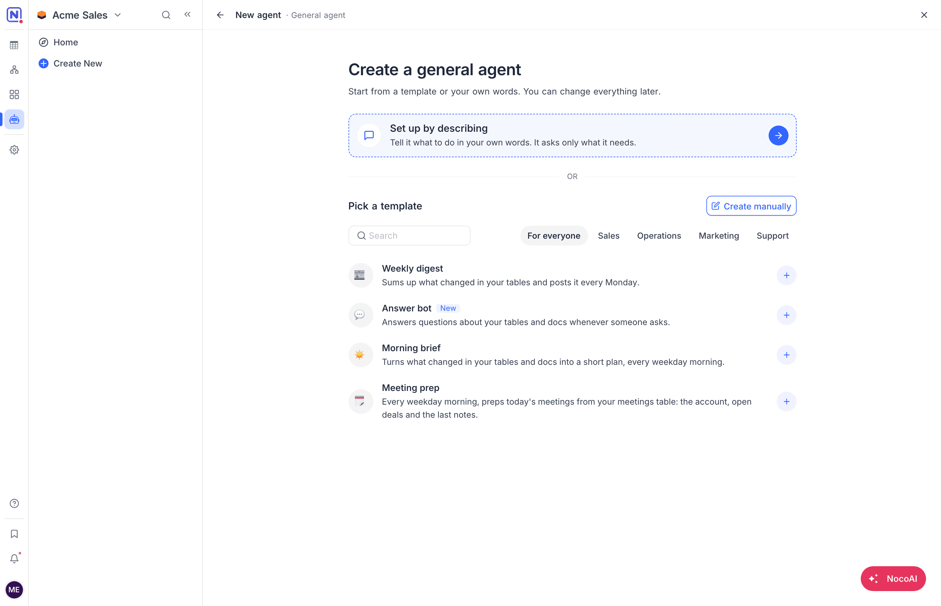 The Create a general agent step with Set up by describing, Create manually and the templates