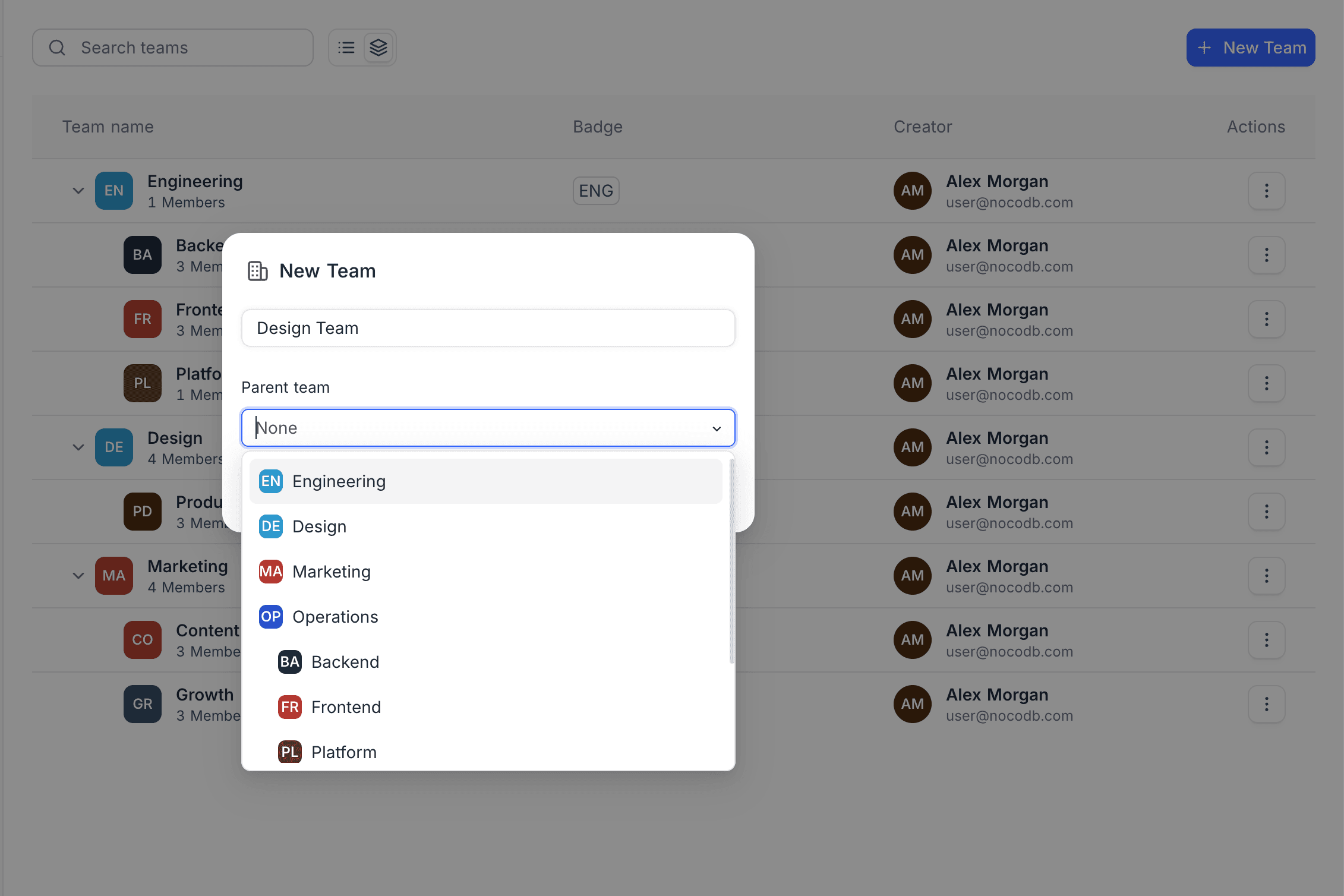 The Create Team dialog
