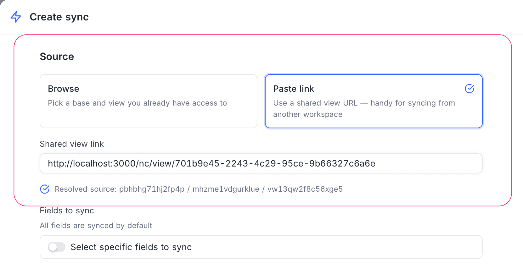 Create sync: Paste link mode