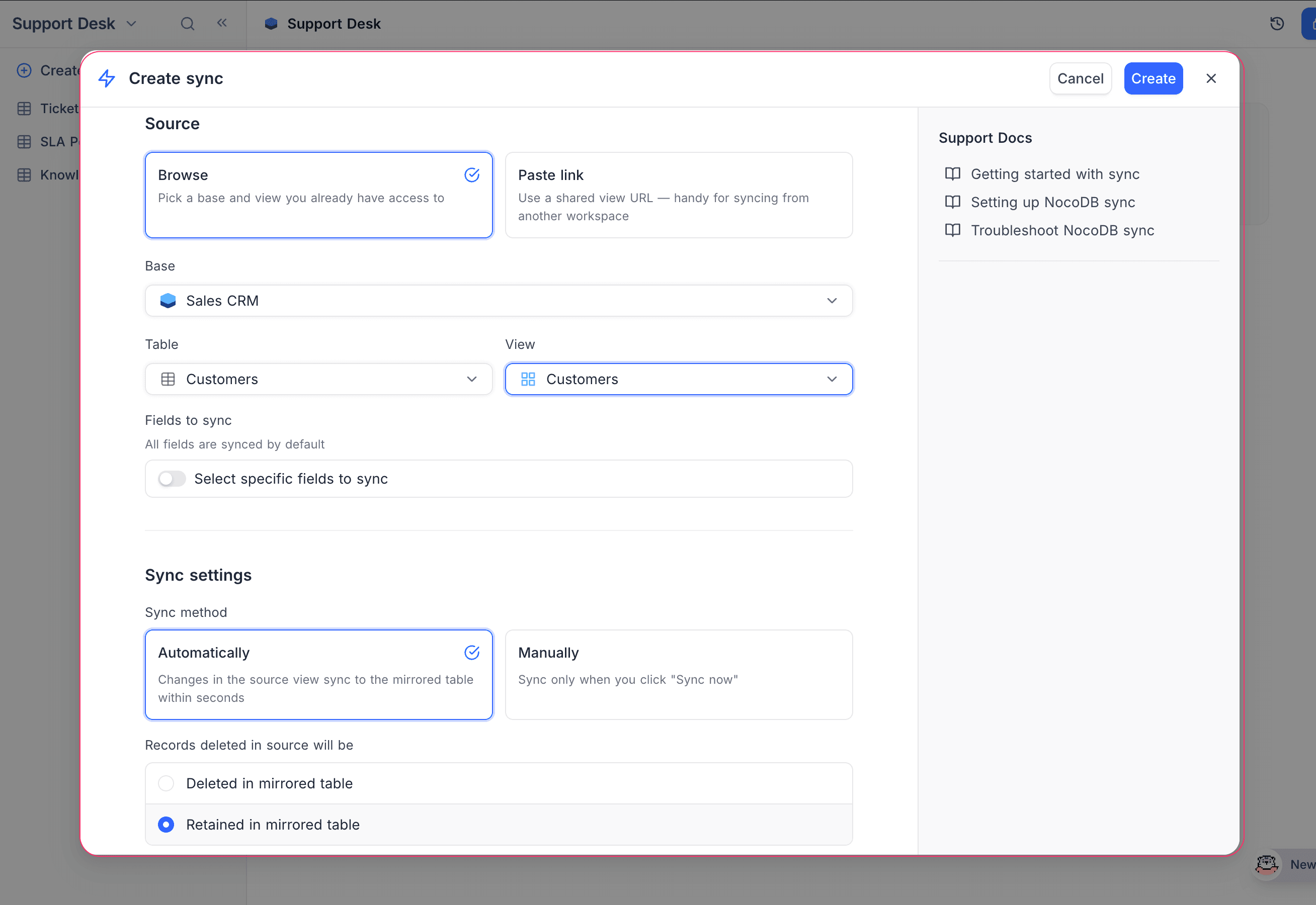Create sync — Browse mode