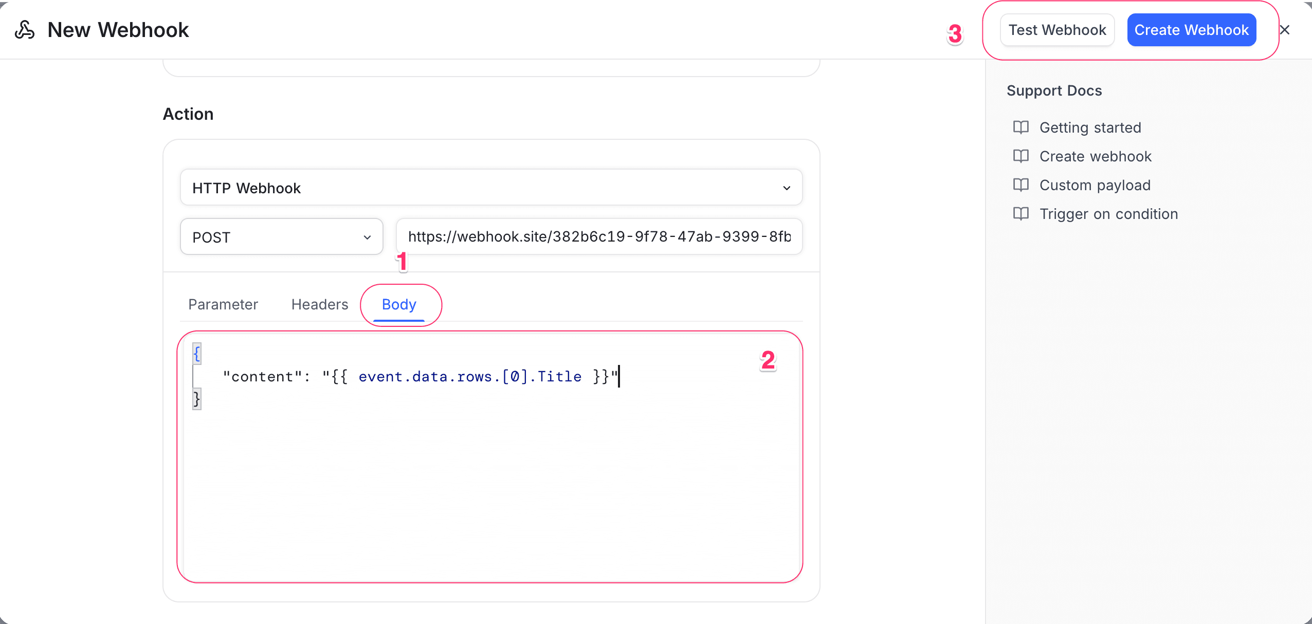 Webhook custom payload