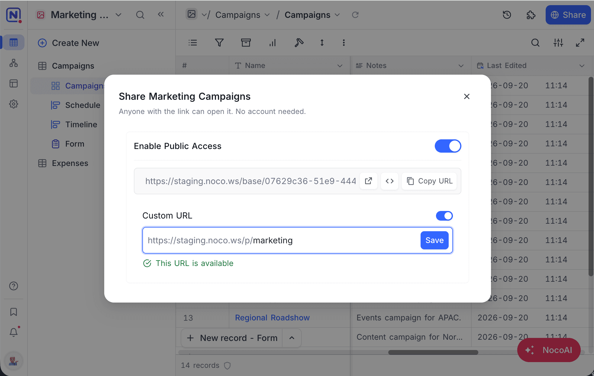 Setting a custom URL for the shared project