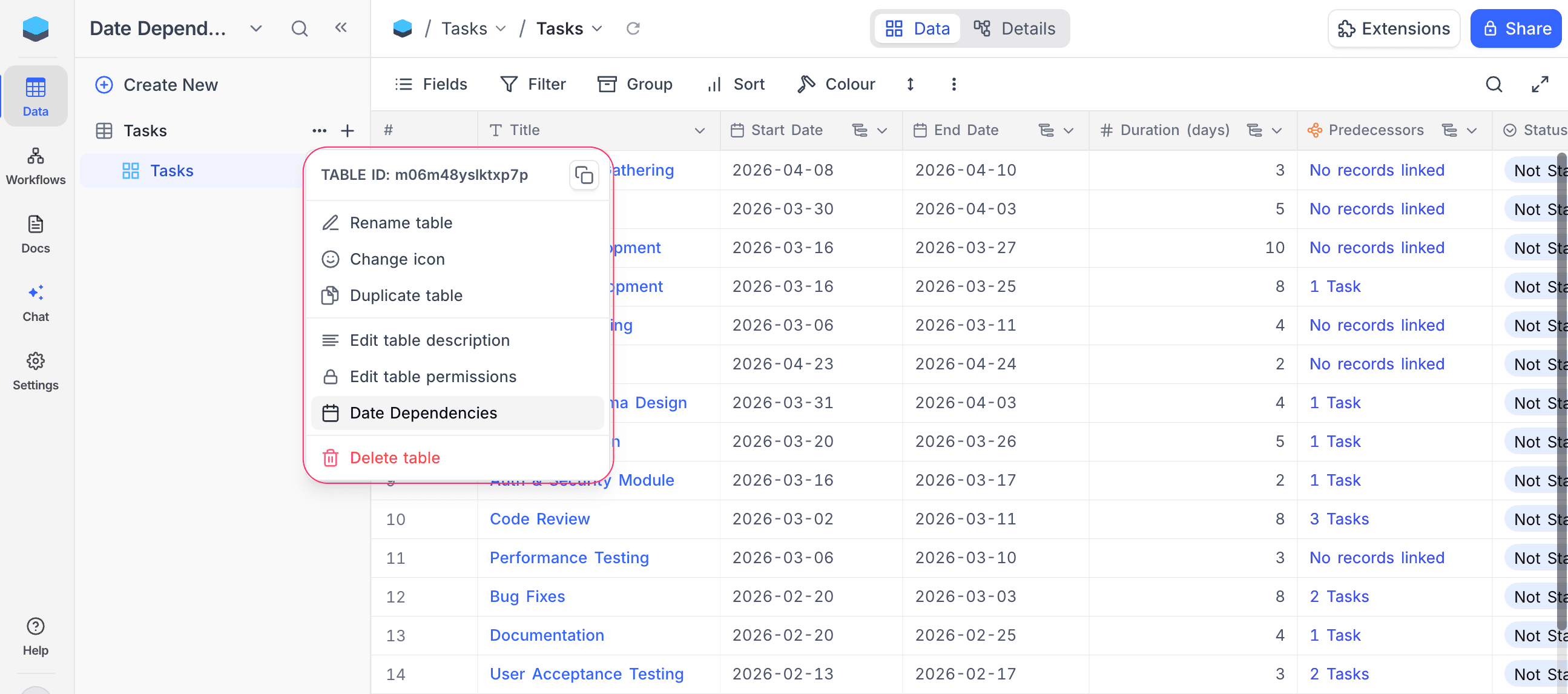 Table context menu showing Date Dependencies option