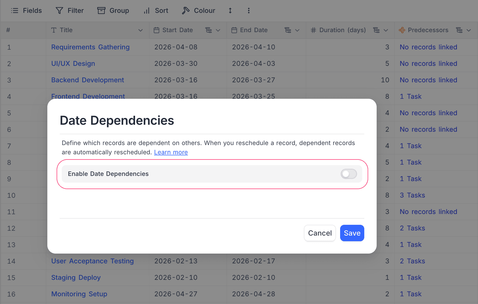 Date Dependencies dialog with toggle disabled