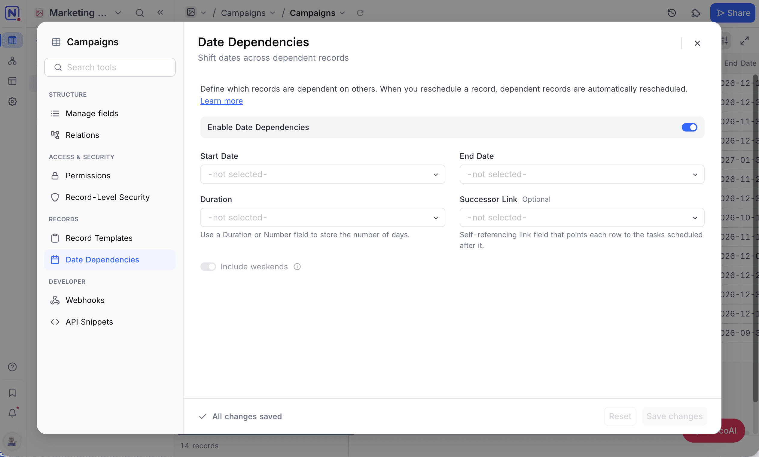 Date Dependencies in the Tools panel